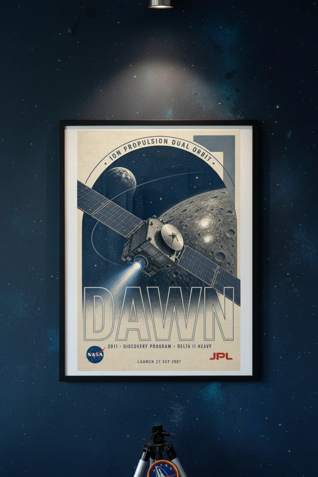 DAWN poster in black A2 frame on navy-arch-frame deep space navy wall — NASA Heritage collector study mockup