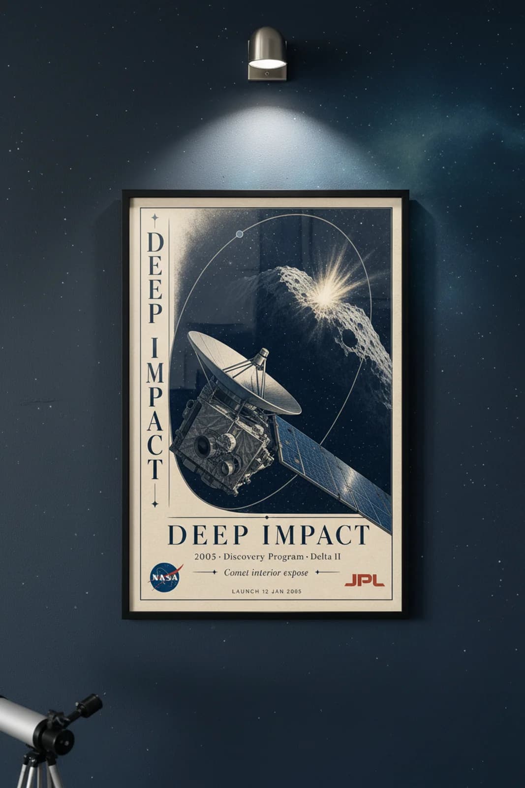 Deep Impact poster in black A2 frame on deep-navy-comet-space deep space navy wall — NASA Heritage collector study mockup