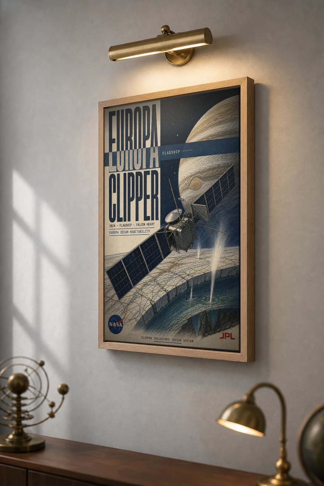 Europa Clipper Poster — 2024 Falcon Heavy NASA Heritage Collector Print — the framed print shown at a three-quarter angle on a styled gallery wall in a natural-oak frame