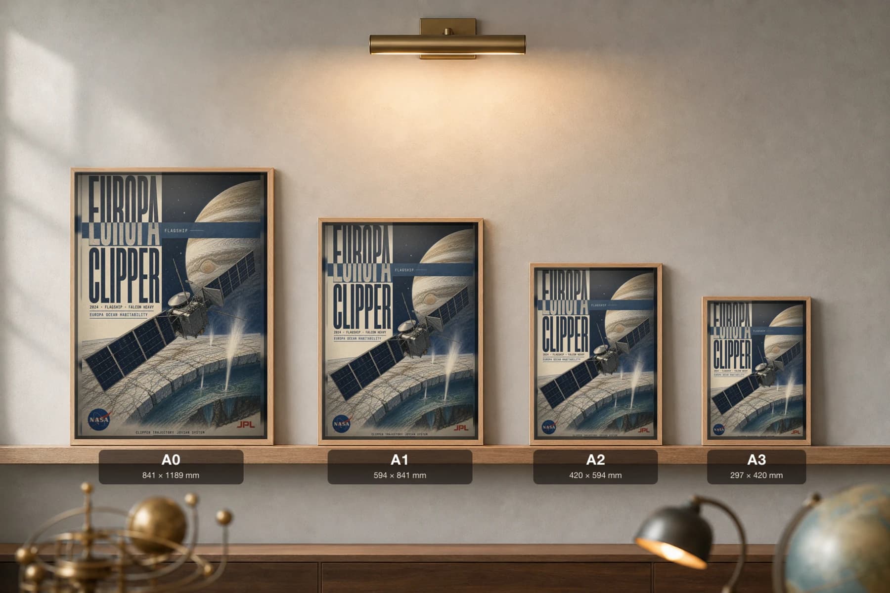 Europa Clipper Poster — 2024 Falcon Heavy NASA Heritage Collector Print — print size guide showing the artwork at A0, A1, A2 and A3 in natural-oak frames at true relative scale