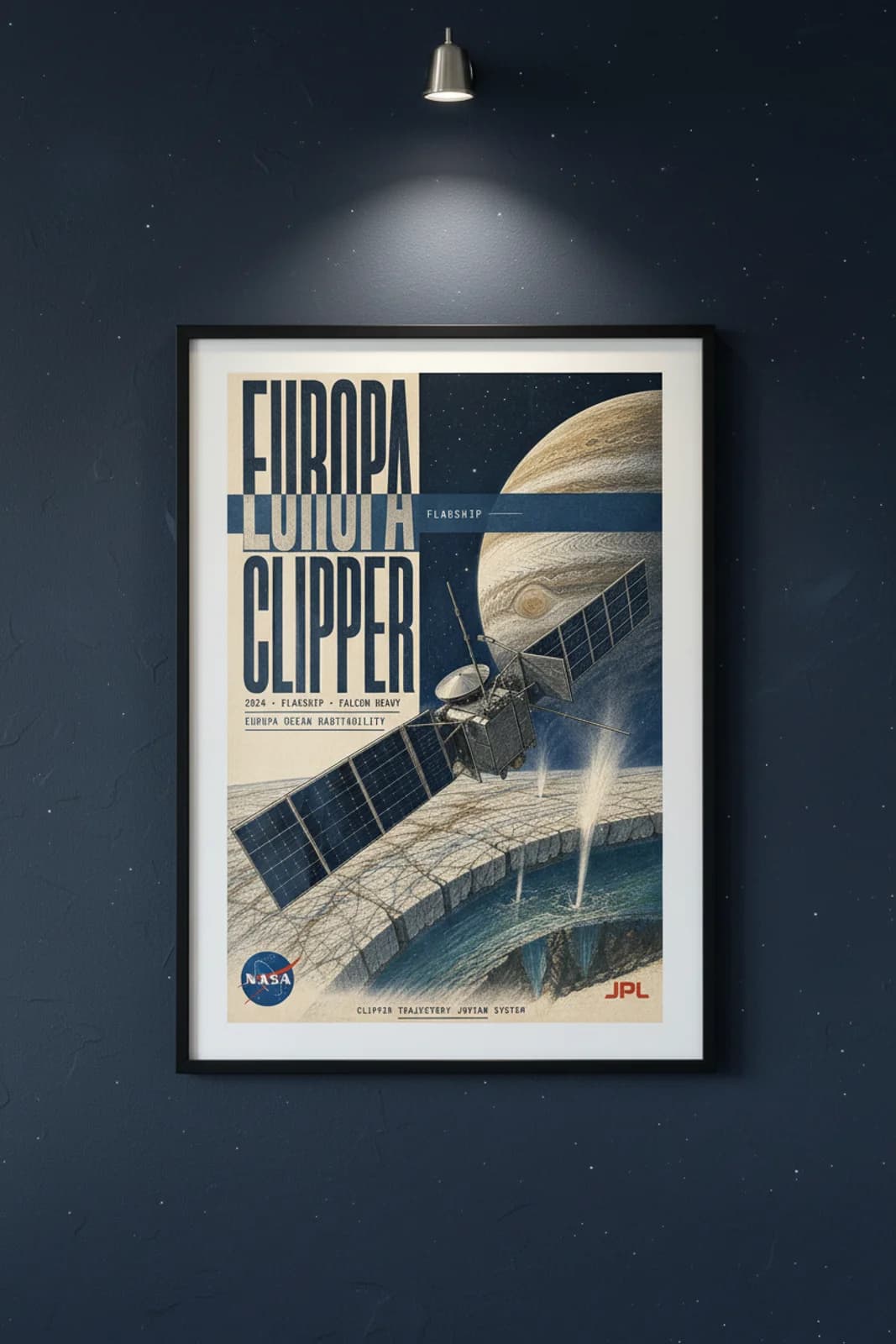 Europa Clipper — NASA Heritage Collector poster in black A2 frame on deep-space-navy deep space navy wall — NASA Heritage collector study mockup