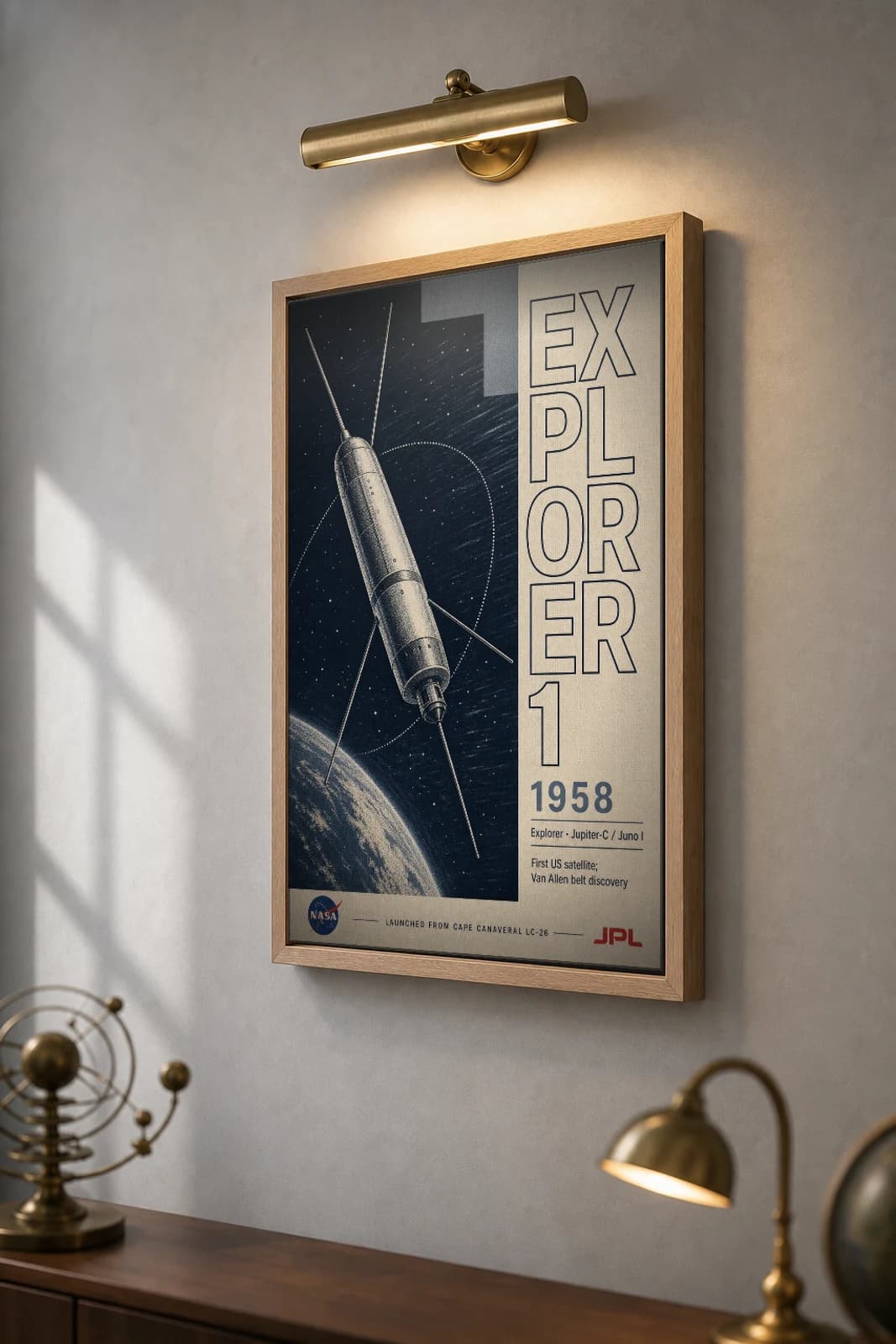 Explorer 1 Poster — 1958 Jupiter-C / Juno I NASA Heritage Collector Print — the framed print shown at a three-quarter angle on a styled gallery wall in a natural-oak frame