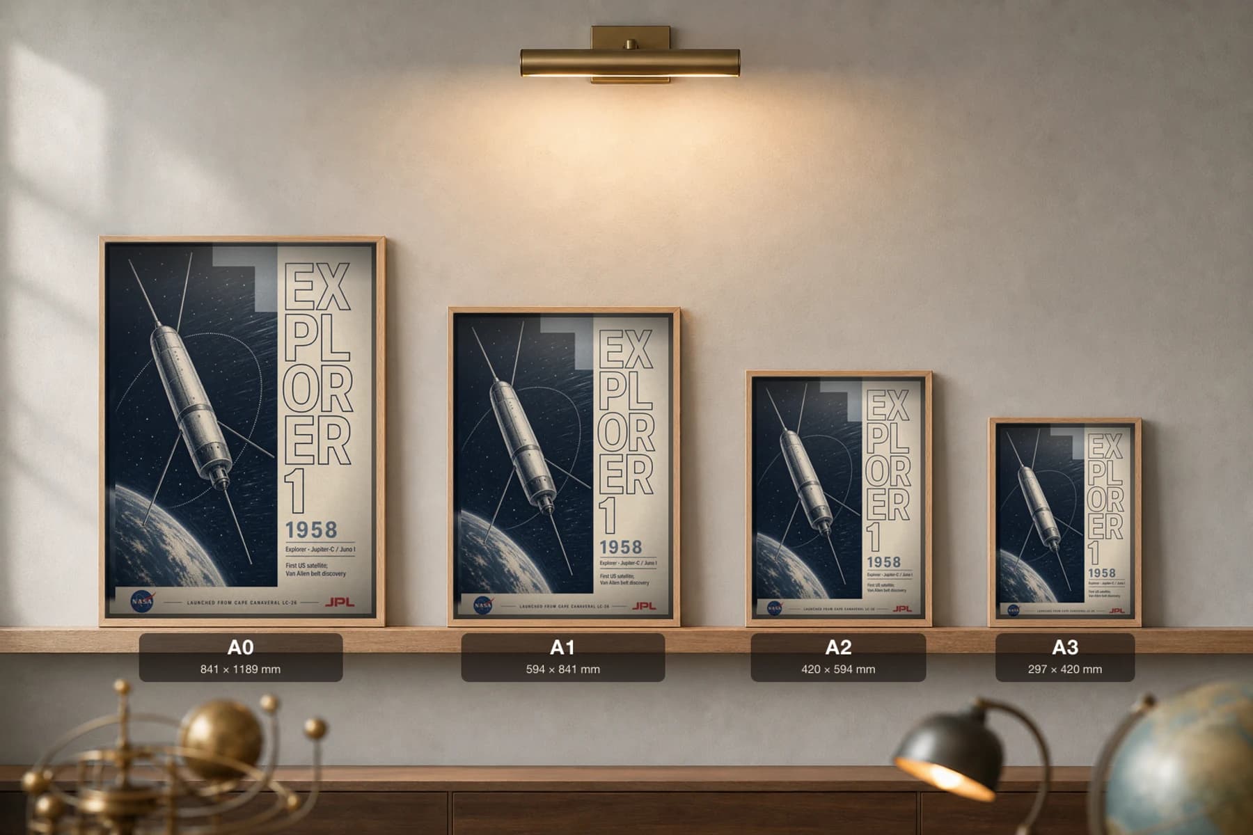 Explorer 1 Poster — 1958 Jupiter-C / Juno I NASA Heritage Collector Print — print size guide showing the artwork at A0, A1, A2 and A3 in natural-oak frames at true relative scale