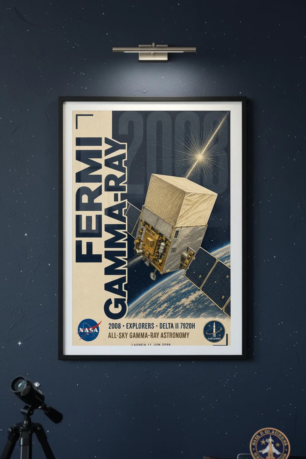 Fermi Gamma-Ray poster in black A2 frame on deep-navy-space deep space navy wall — NASA Heritage collector study mockup