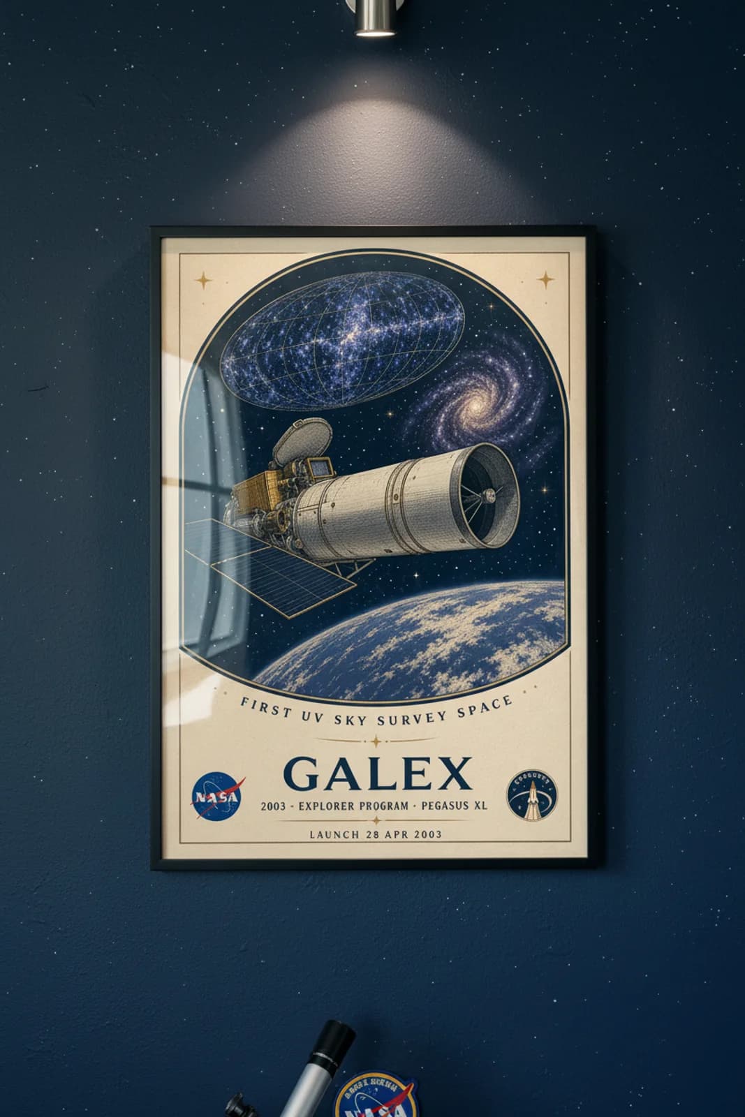 GALEX poster in black A2 frame on navy-gold-arch deep space navy wall — NASA Heritage collector study mockup