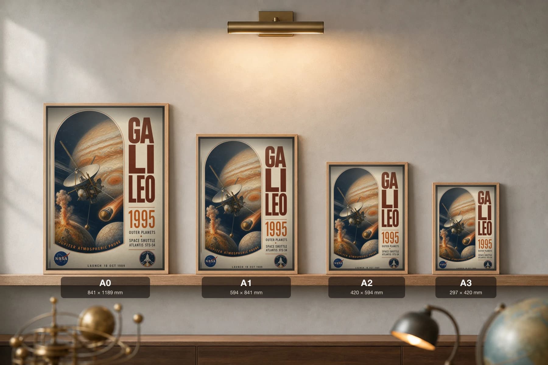 Galileo Poster — 1995 Jupiter Orbiter NASA Heritage Collector Print — print size guide showing the artwork at A0, A1, A2 and A3 in natural-oak frames at true relative scale