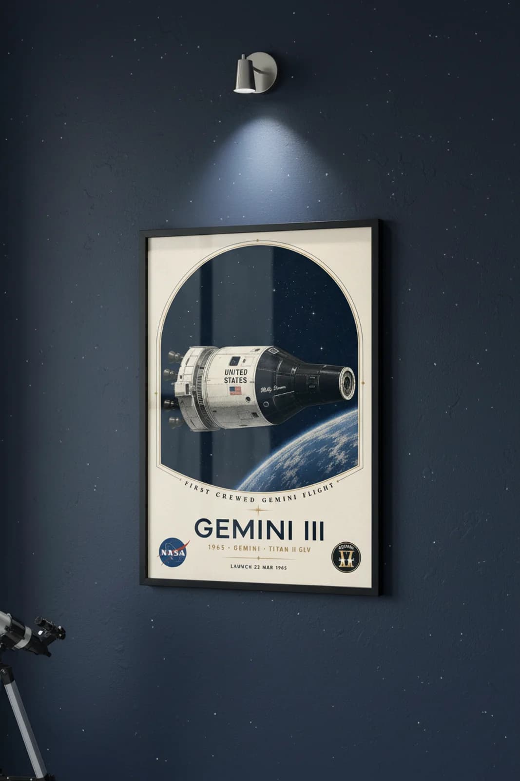 Gemini 3 poster in black A2 frame on deep-navy-star-field deep space navy wall — NASA Heritage collector study mockup