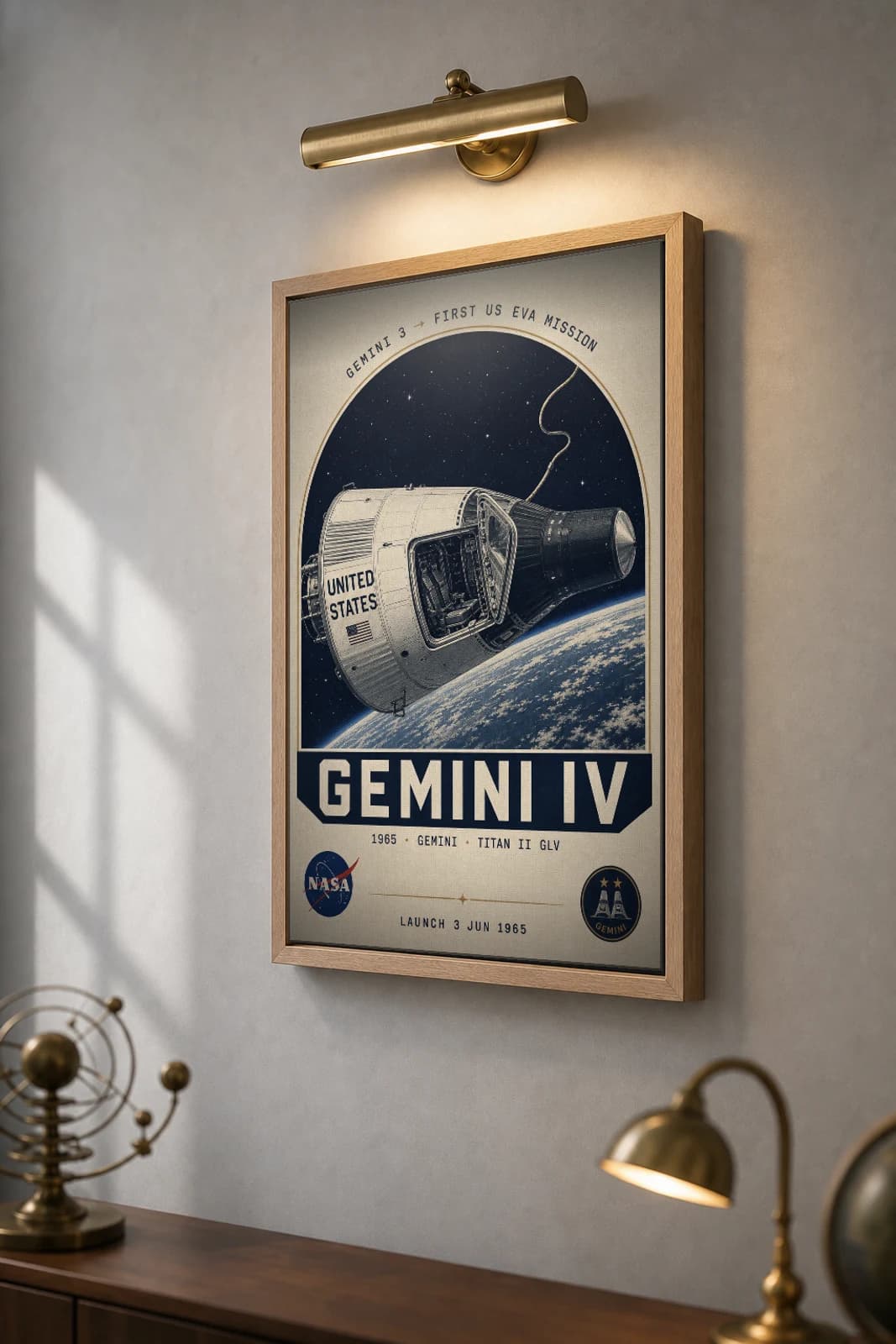 Gemini IV Poster — 1965 Titan II GLV NASA Heritage Collector Print — the framed print shown at a three-quarter angle on a styled gallery wall in a natural-oak frame