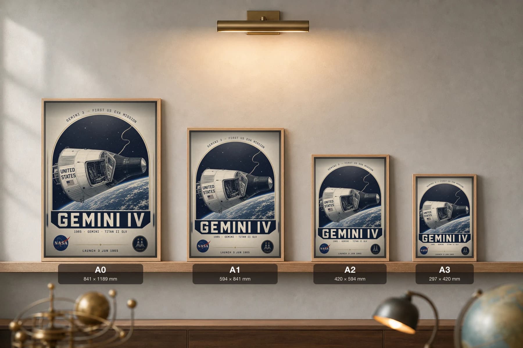 Gemini IV Poster — 1965 Titan II GLV NASA Heritage Collector Print — print size guide showing the artwork at A0, A1, A2 and A3 in natural-oak frames at true relative scale