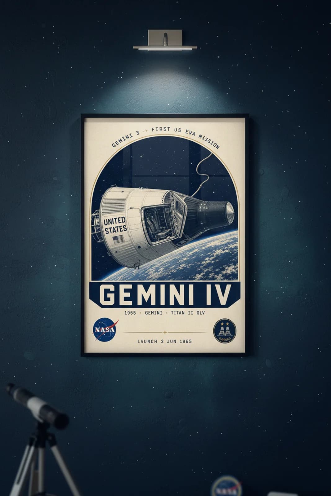 Gemini IV — NASA Heritage Collector poster in black A2 frame on deep-navy-space deep space navy wall — NASA Heritage collector study mockup