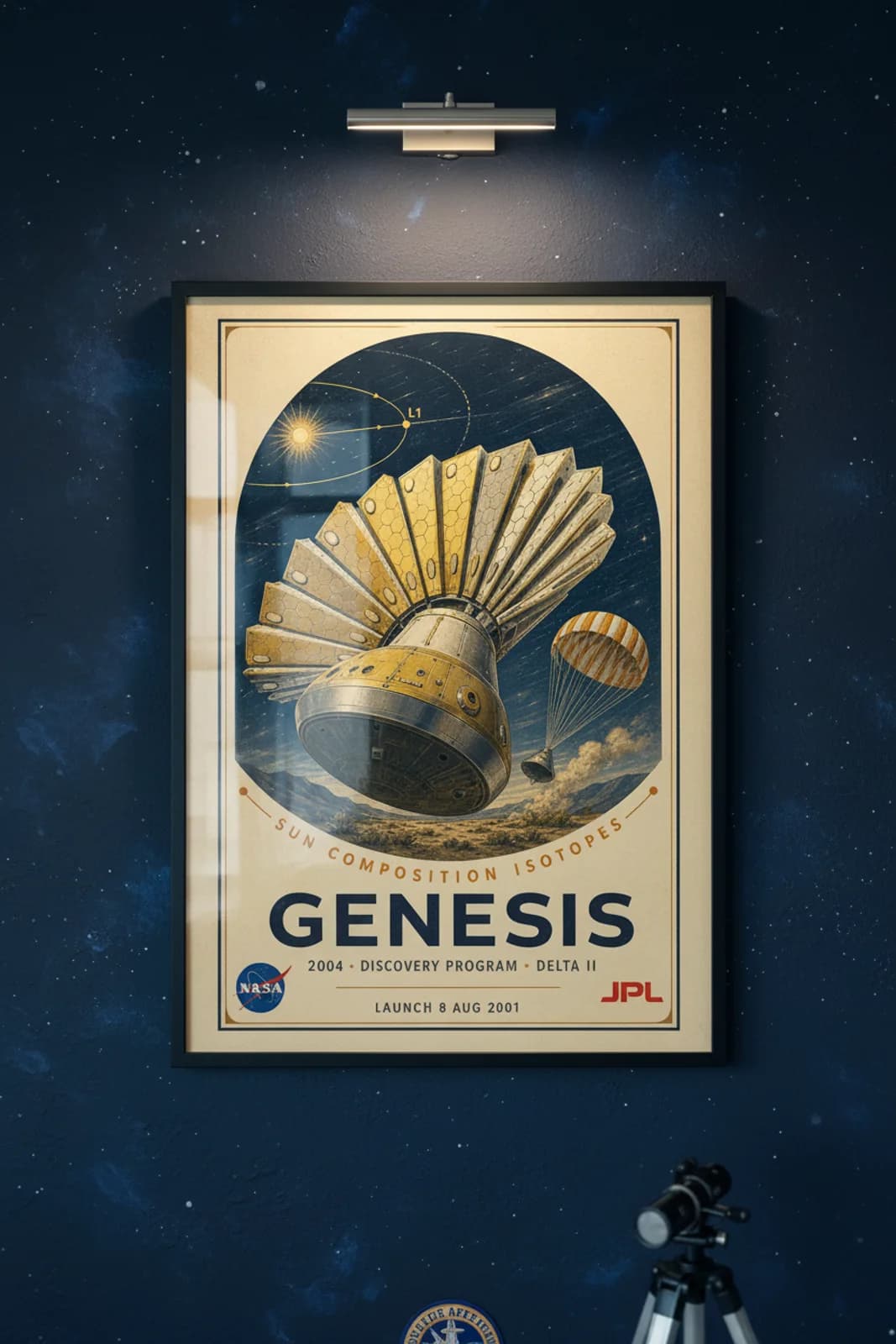 Genesis poster in black A2 frame on deep-navy-star-window deep space navy wall — NASA Heritage collector study mockup