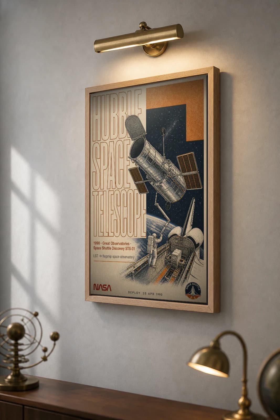 Hubble Space Telescope Poster — 1990 Space Shuttle Discovery STS-31 NASA Heritage Collector Print — the framed print shown at a three-quarter angle on a styled gallery wall in a natural-oak frame