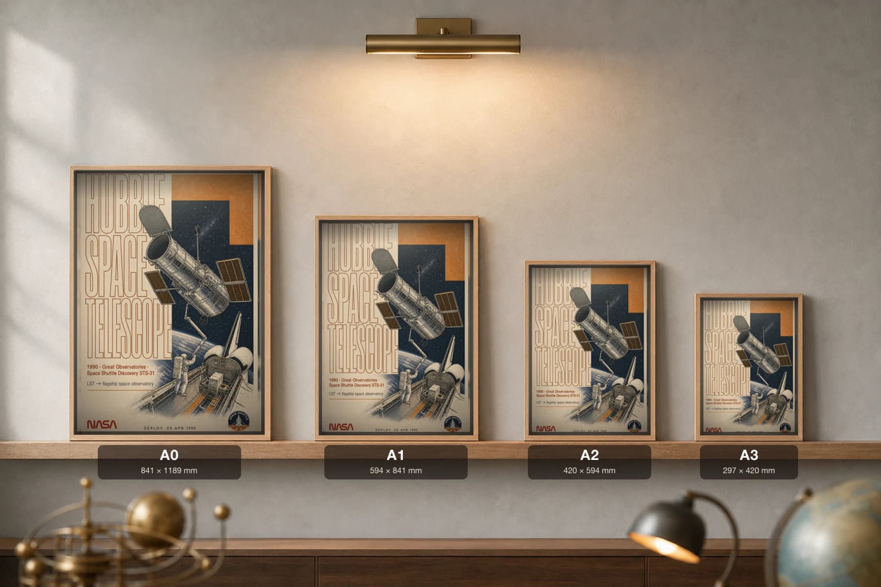 Hubble Space Telescope Poster — 1990 Space Shuttle Discovery STS-31 NASA Heritage Collector Print — print size guide showing the artwork at A0, A1, A2 and A3 in natural-oak frames at true relative scale