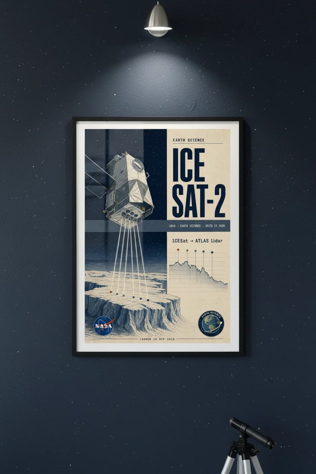ICESAT-2 poster in black A2 frame on stippled-navy-star-field deep space navy wall — NASA Heritage collector study mockup