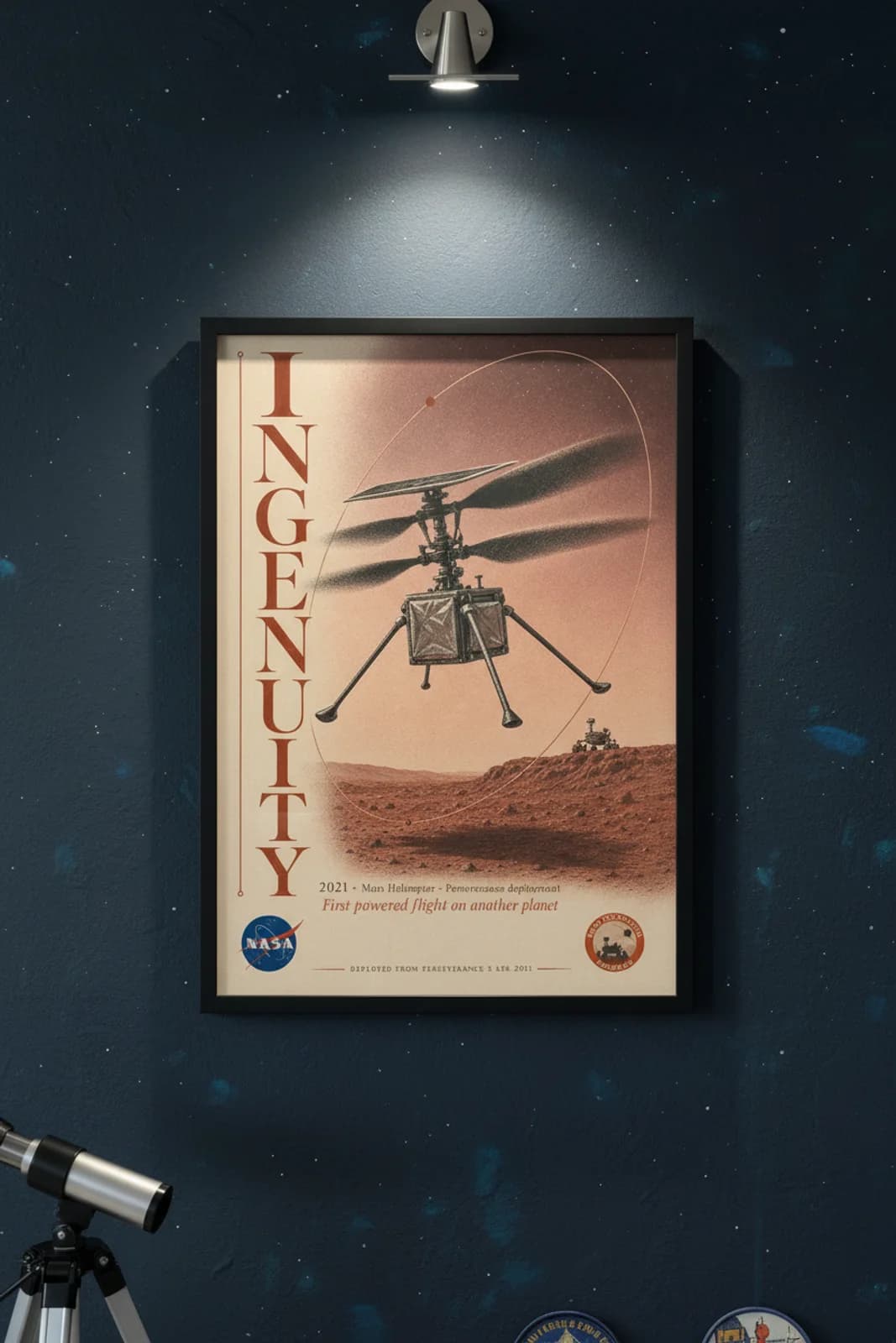 Ingenuity poster in black A2 frame on martian-pink-sky deep space navy wall — NASA Heritage collector study mockup