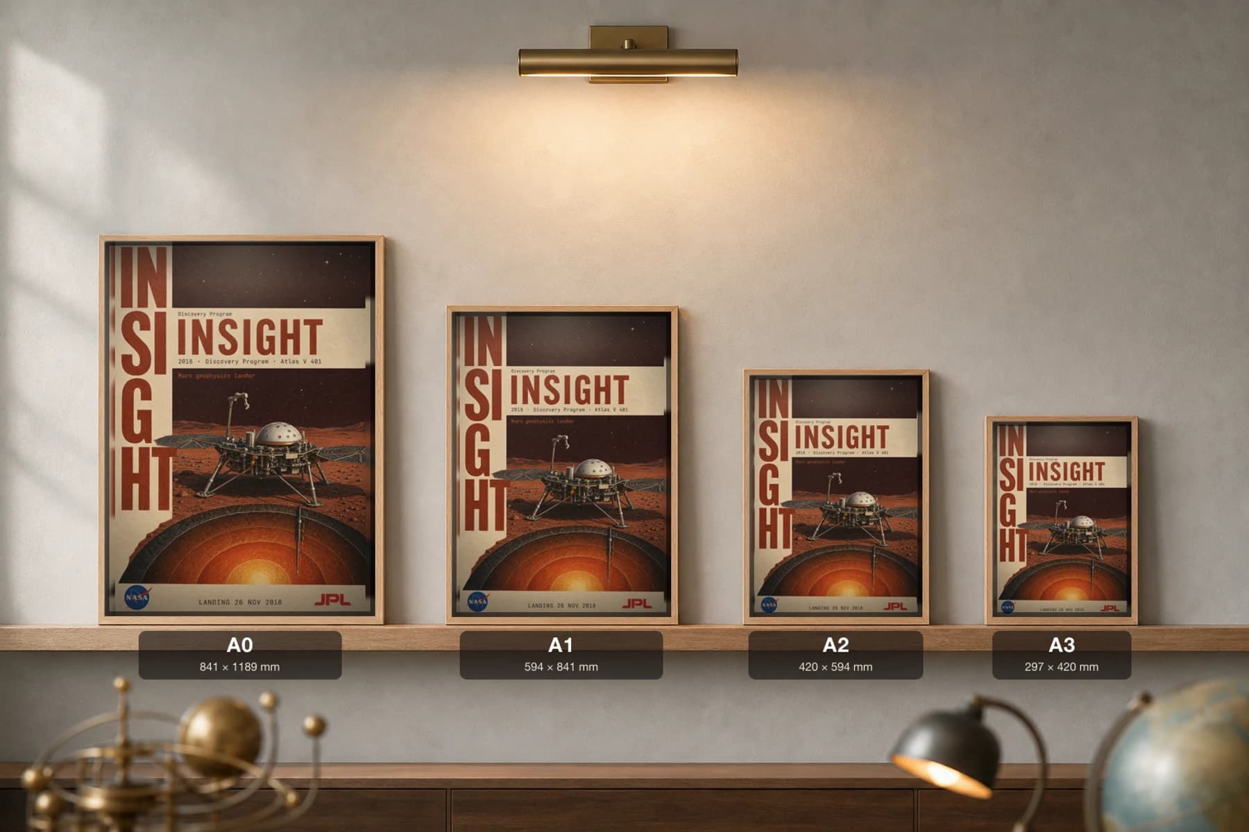 InSight Poster — 2018 Atlas V 401 NASA Heritage Collector Print — print size guide showing the artwork at A0, A1, A2 and A3 in natural-oak frames at true relative scale