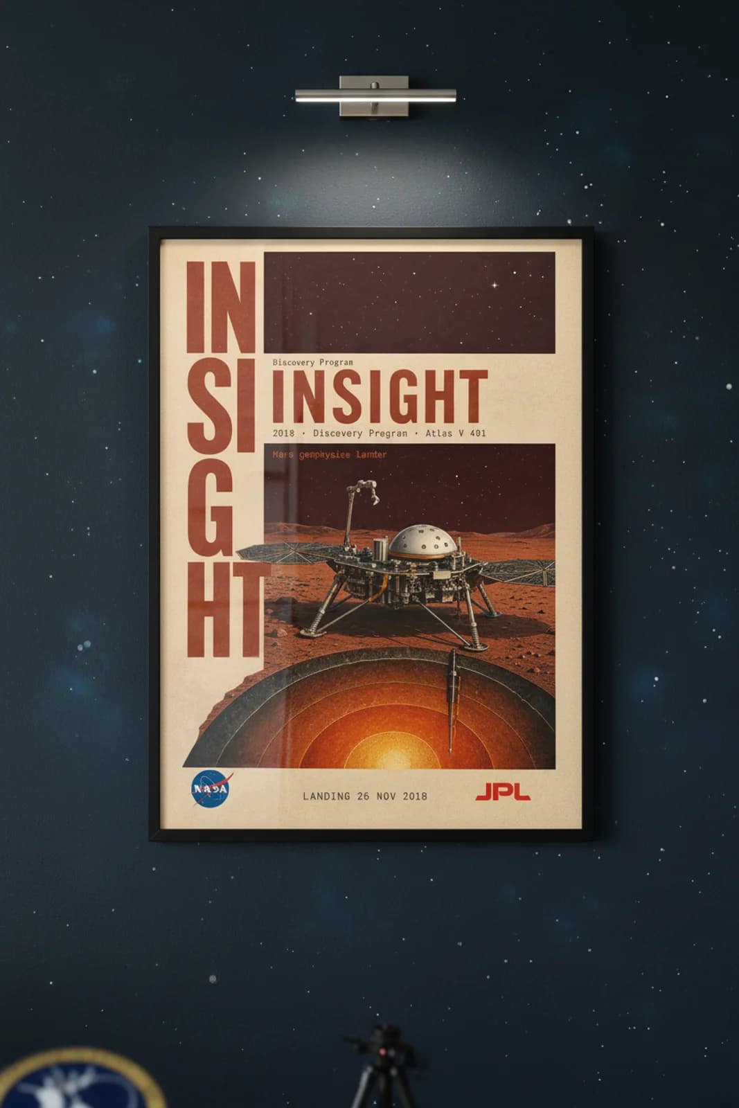 InSight — NASA Heritage Collector poster in black A2 frame on rust-red-regolith deep space navy wall — NASA Heritage collector study mockup