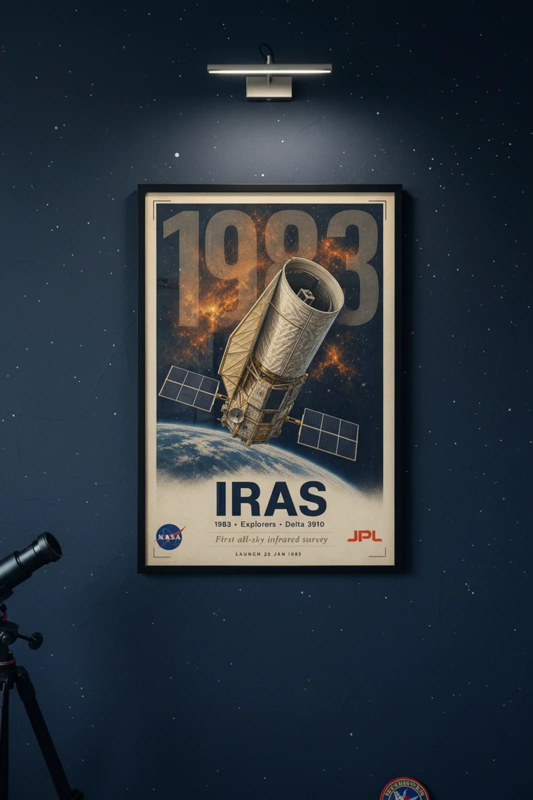IRAS poster in black A2 frame on deep-navy-space deep space navy wall — NASA Heritage collector study mockup