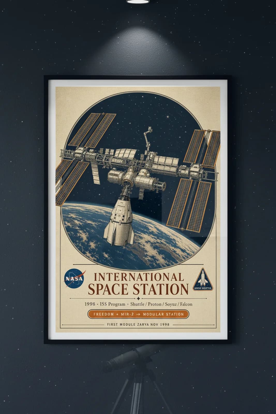 International Space Station poster in black A2 frame on dark-red-iss-title deep space navy wall — NASA Heritage collector study mockup