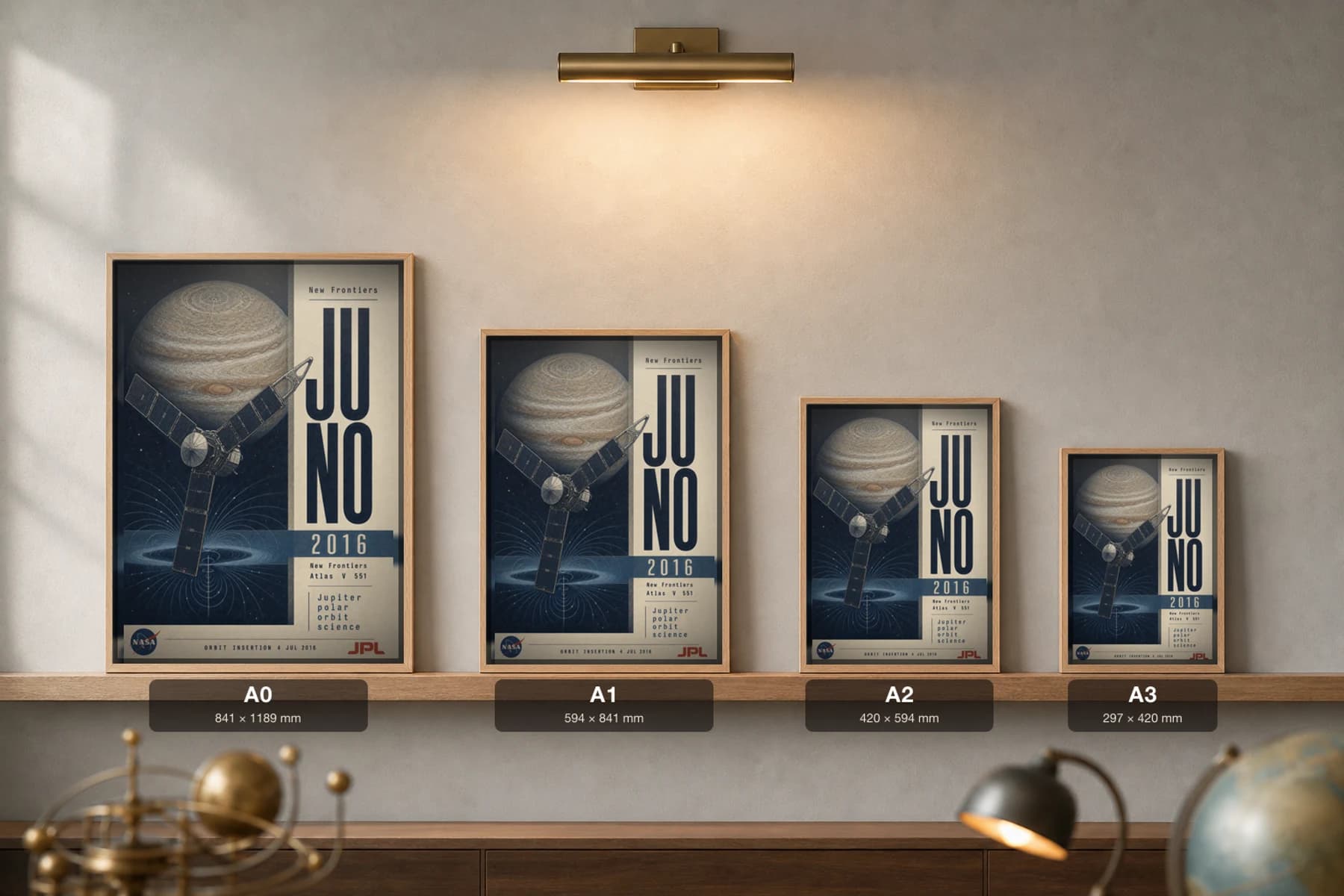 Juno Poster — 2016 Jupiter Polar Orbit NASA Heritage Collector Print — print size guide showing the artwork at A0, A1, A2 and A3 in natural-oak frames at true relative scale