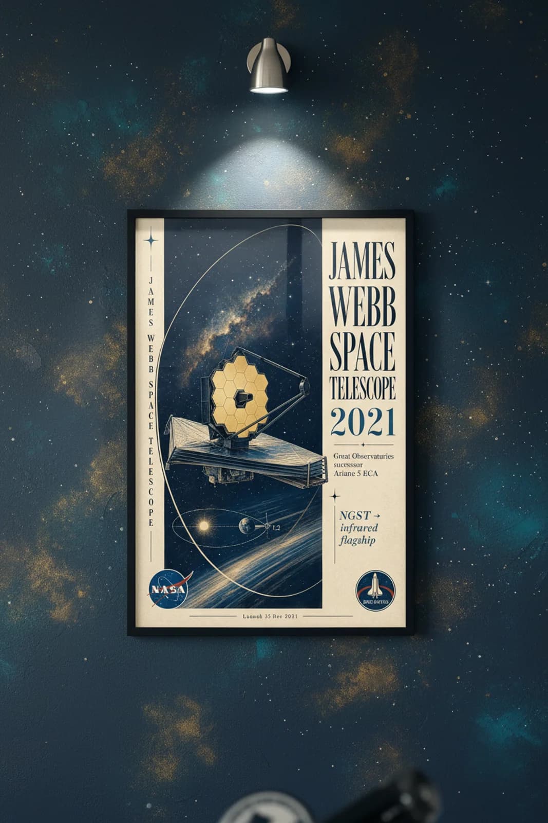 James Webb Space Telescope poster in black A2 frame on gold-hex-mirror deep space navy wall — NASA Heritage collector study mockup