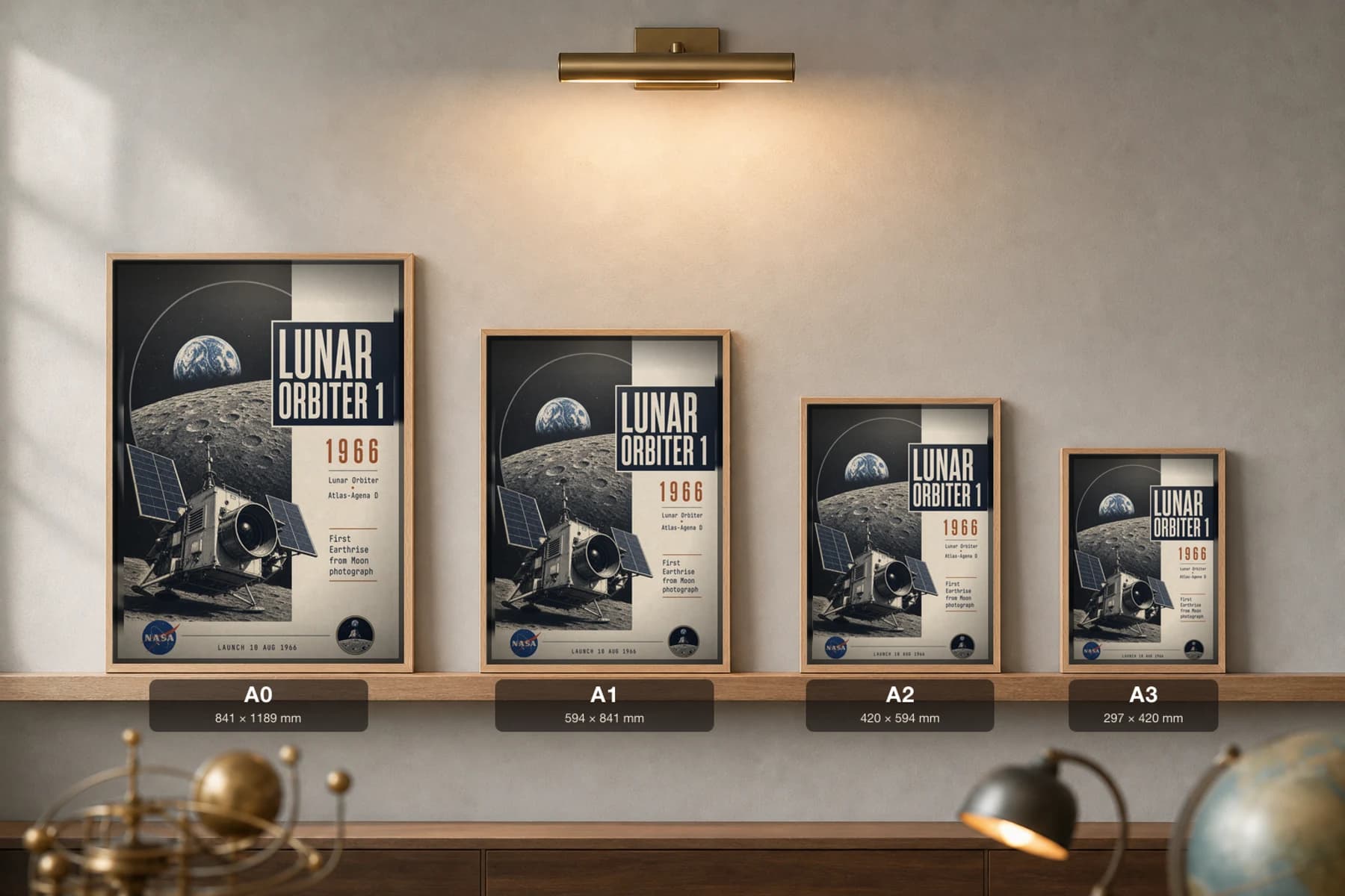 Lunar Orbiter 1 Poster — 1966 First Earthrise NASA Heritage Collector Print — print size guide showing the artwork at A0, A1, A2 and A3 in natural-oak frames at true relative scale