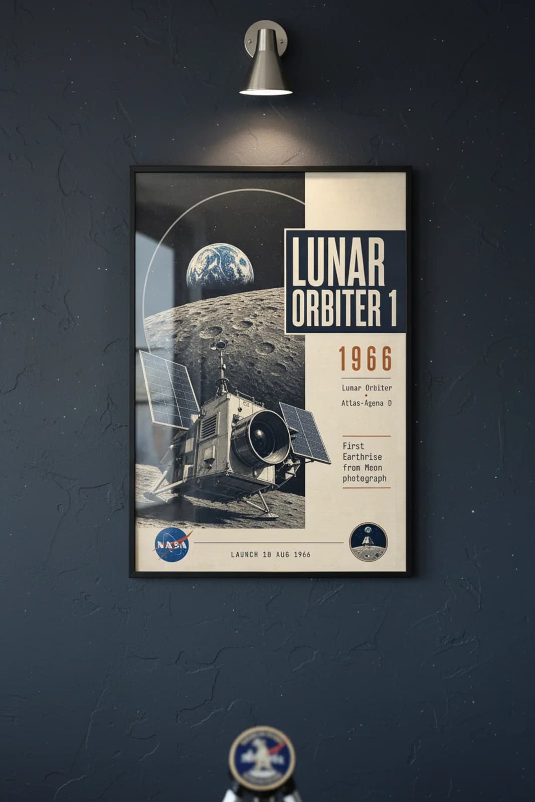 Lunar Orbiter 1 poster in black A2 frame on monochrome-spacecraft deep space navy wall — NASA Heritage collector study mockup