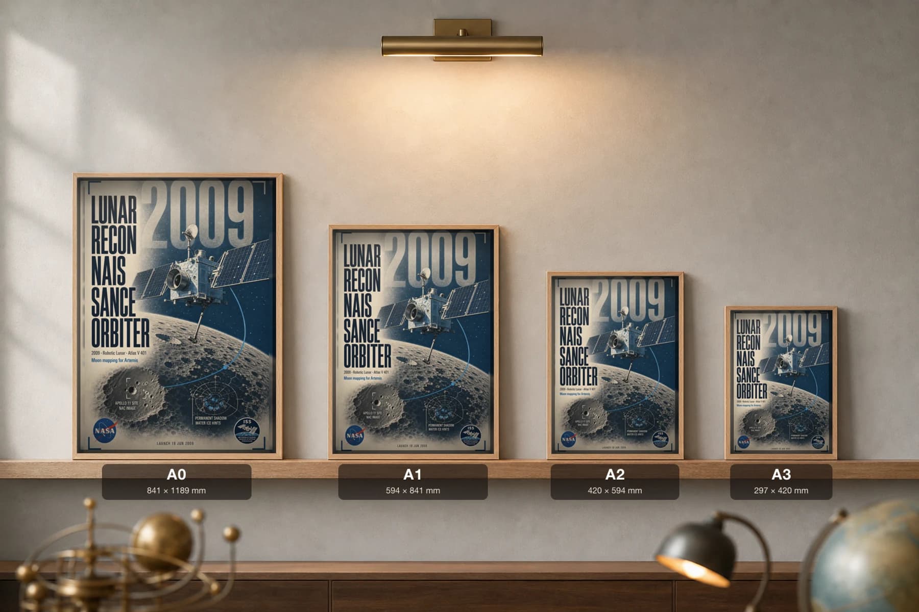 Lunar Reconnaissance Orbiter Poster — 2009 Atlas V 401 NASA Heritage Collector Print — print size guide showing the artwork at A0, A1, A2 and A3 in natural-oak frames at true relative scale
