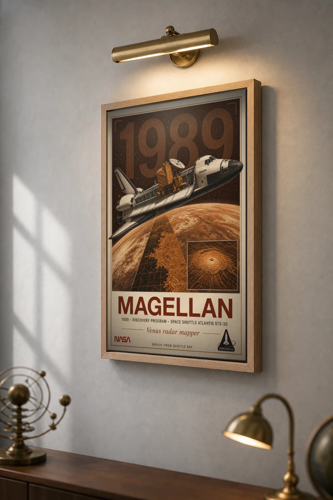 Magellan Poster — 1989 Venus SAR Radar Mapper NASA Heritage Collector Print — the framed print shown at a three-quarter angle on a styled gallery wall in a natural-oak frame