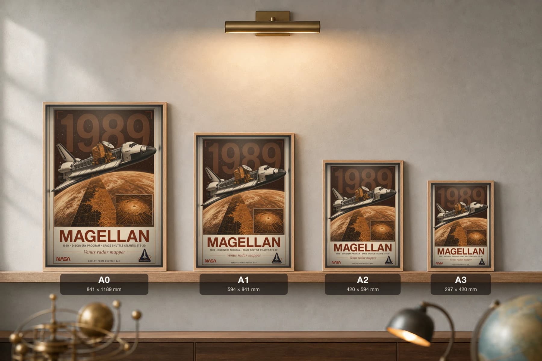 Magellan Poster — 1989 Venus SAR Radar Mapper NASA Heritage Collector Print — print size guide showing the artwork at A0, A1, A2 and A3 in natural-oak frames at true relative scale