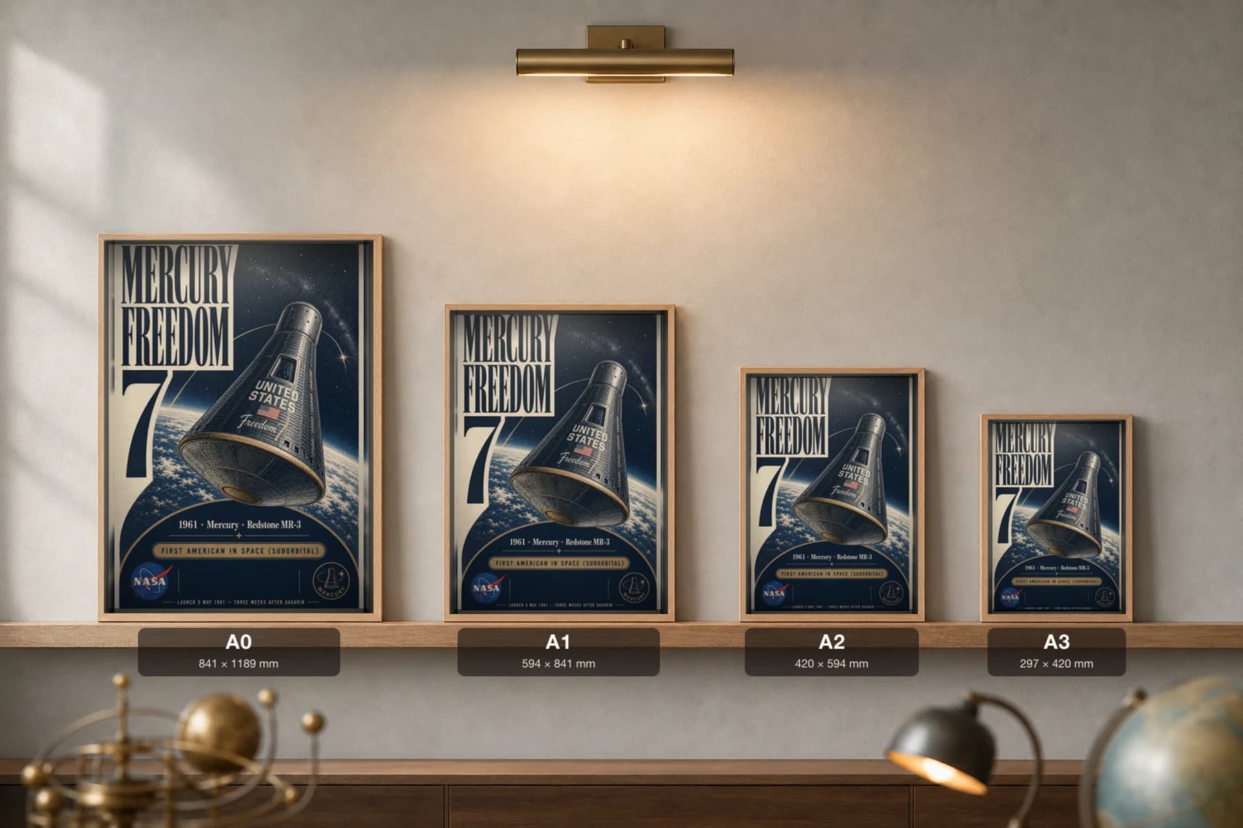Mercury Freedom 7 Poster — 1961 Alan Shepard Suborbital NASA Heritage Collector Print — print size guide showing the artwork at A0, A1, A2 and A3 in natural-oak frames at true relative scale