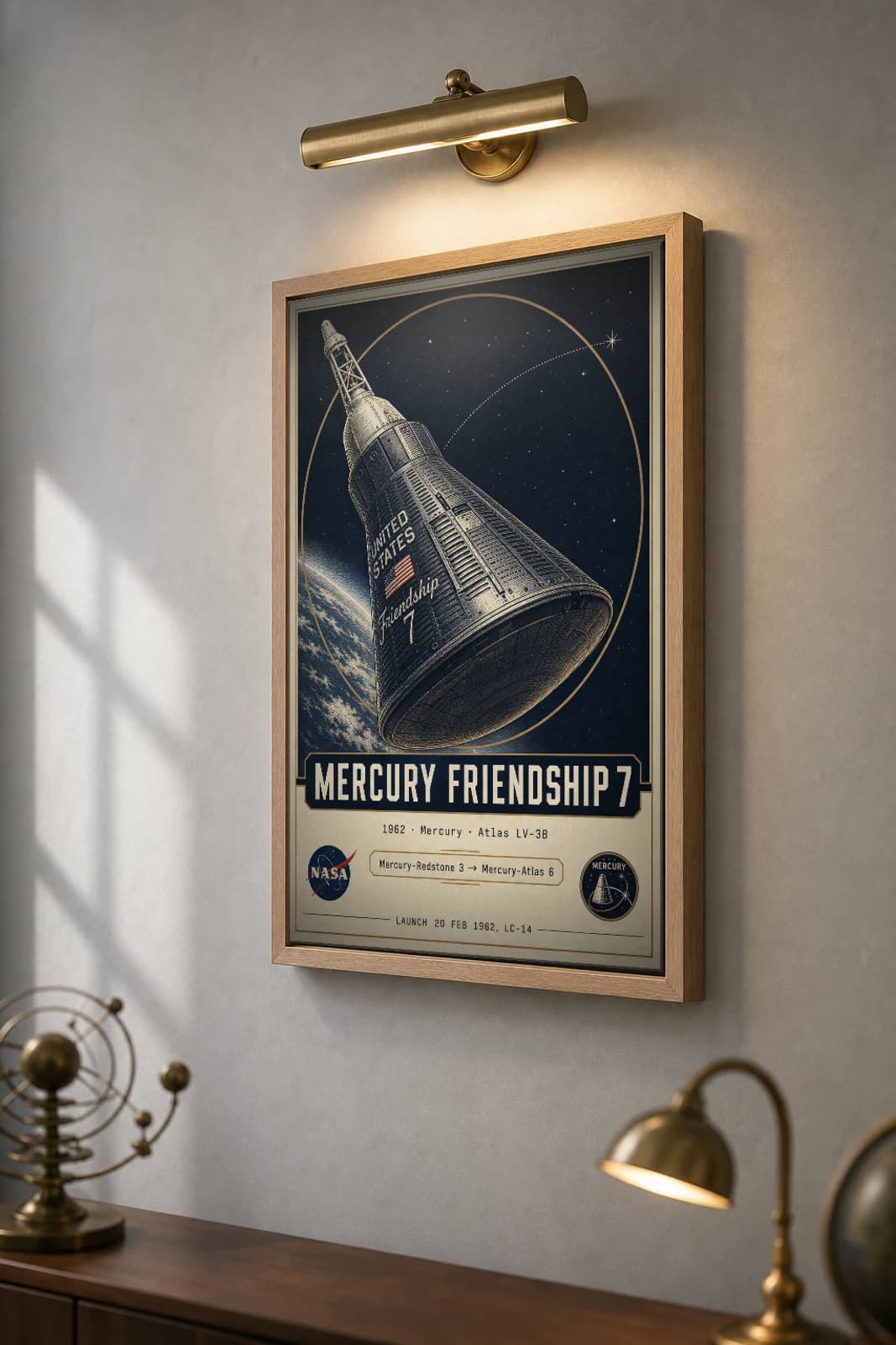 Mercury Friendship 7 Poster — 1962 Atlas LV-3B NASA Heritage Collector Print — the framed print shown at a three-quarter angle on a styled gallery wall in a natural-oak frame