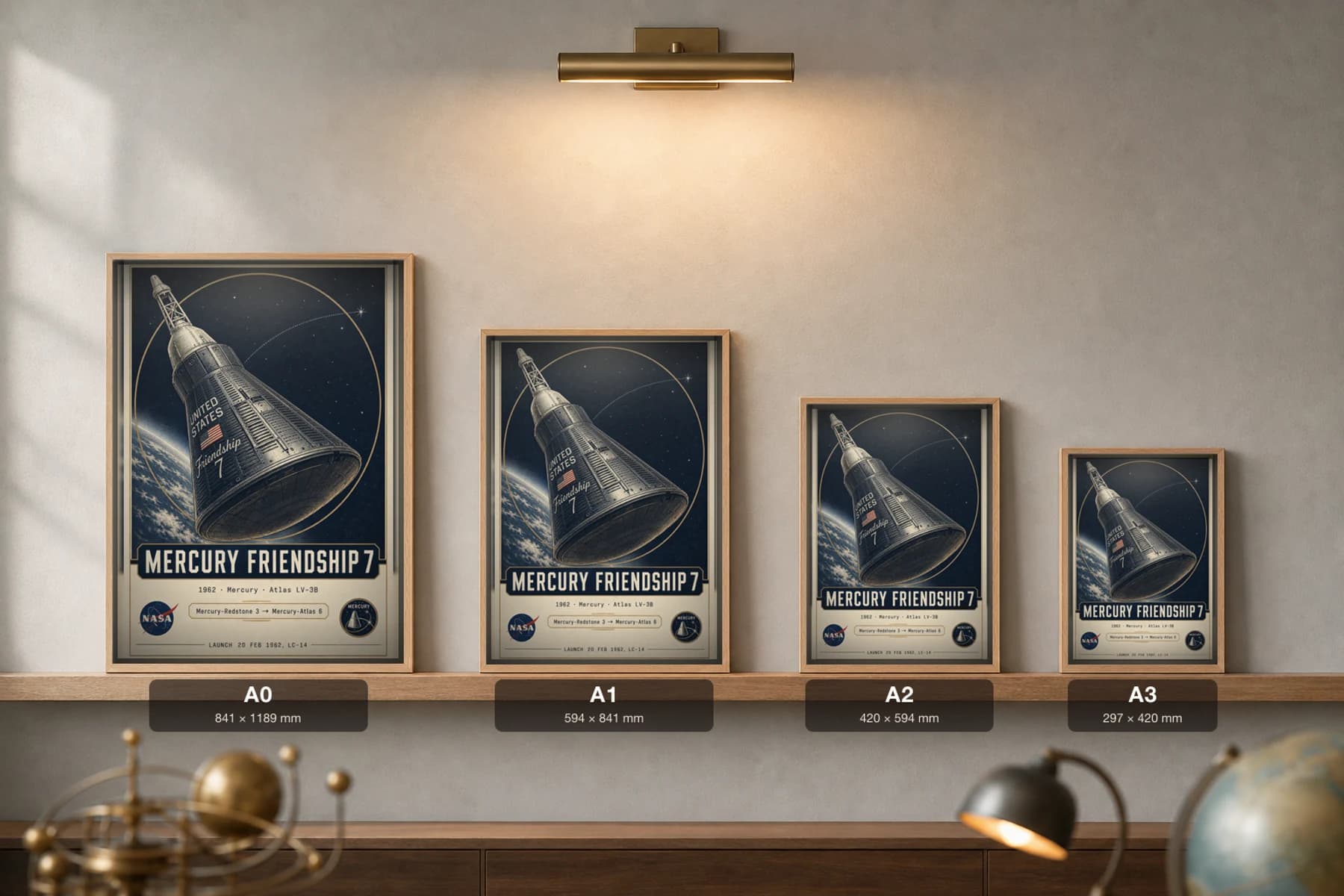 Mercury Friendship 7 Poster — 1962 Atlas LV-3B NASA Heritage Collector Print — print size guide showing the artwork at A0, A1, A2 and A3 in natural-oak frames at true relative scale