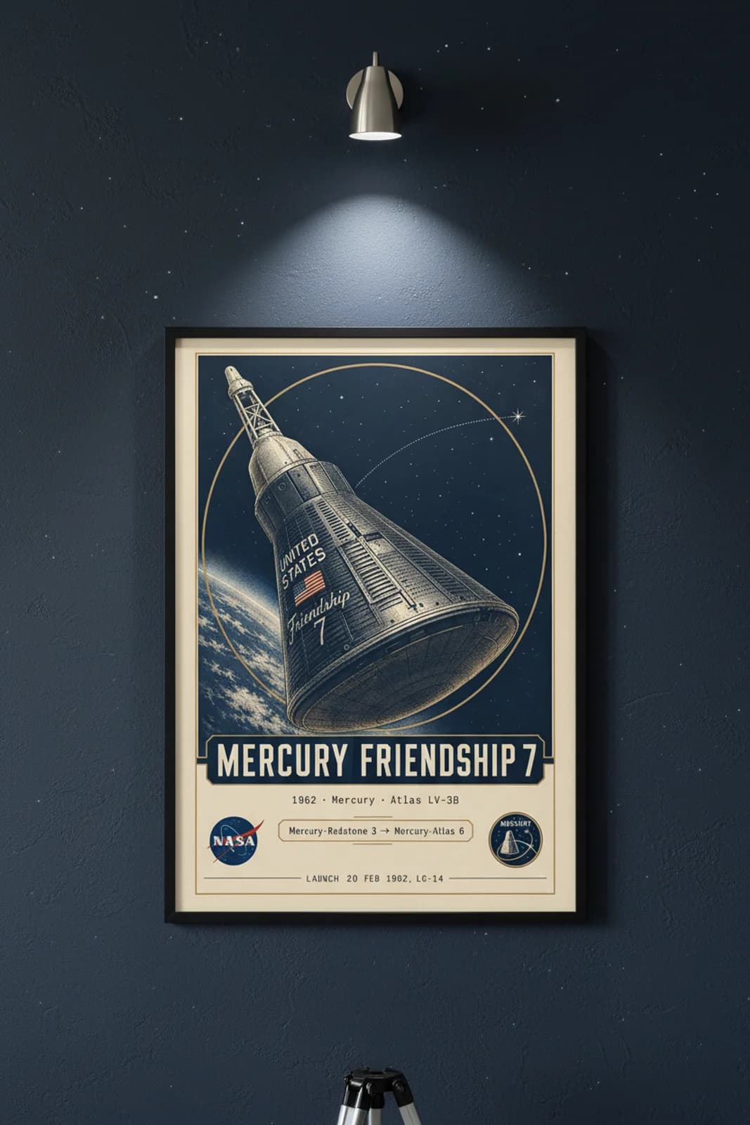 Mercury Friendship 7 — NASA Heritage Collector poster in black A2 frame on deep-navy-space deep space navy wall — NASA Heritage collector study mockup