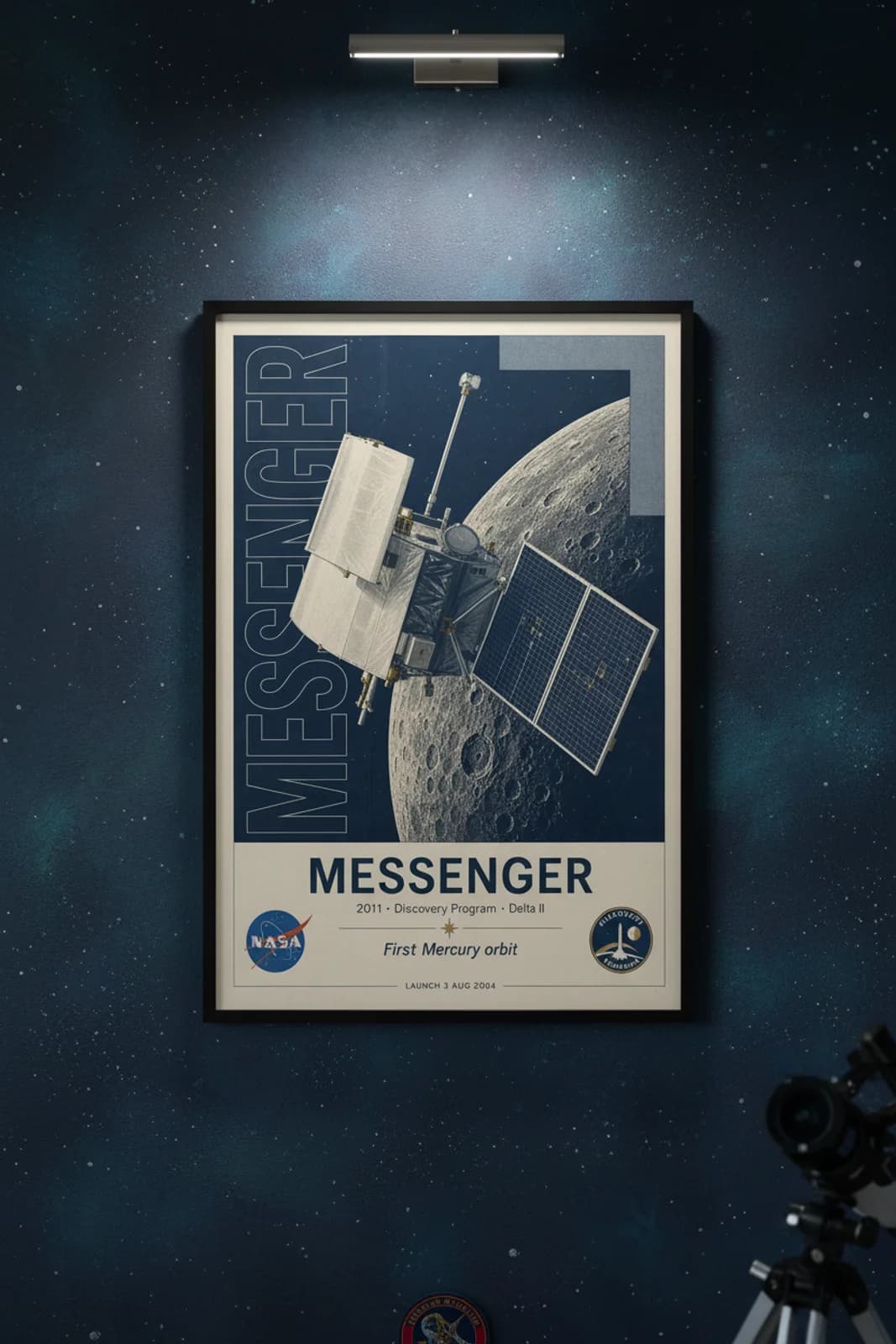 MESSENGER poster in black A2 frame on stippled-navy-star-field deep space navy wall — NASA Heritage collector study mockup