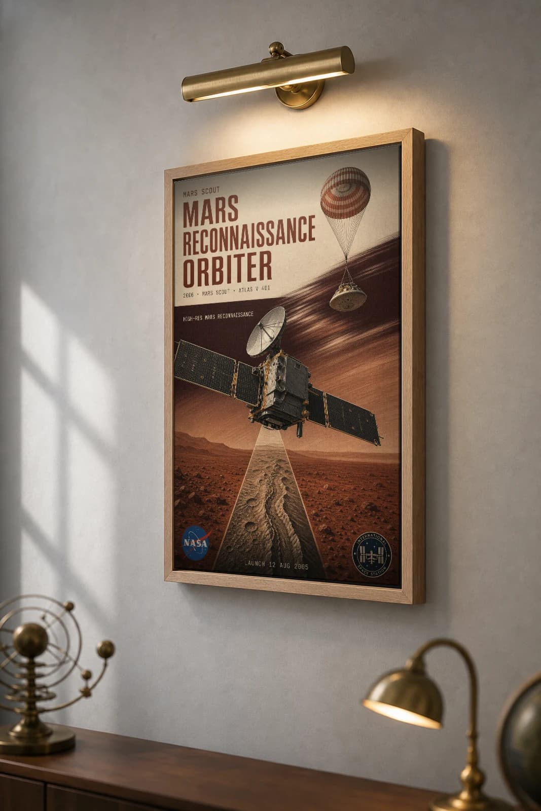 Mars Reconnaissance Orbiter Poster — 2006 HiRISE NASA Heritage Collector Print — the framed print shown at a three-quarter angle on a styled gallery wall in a natural-oak frame