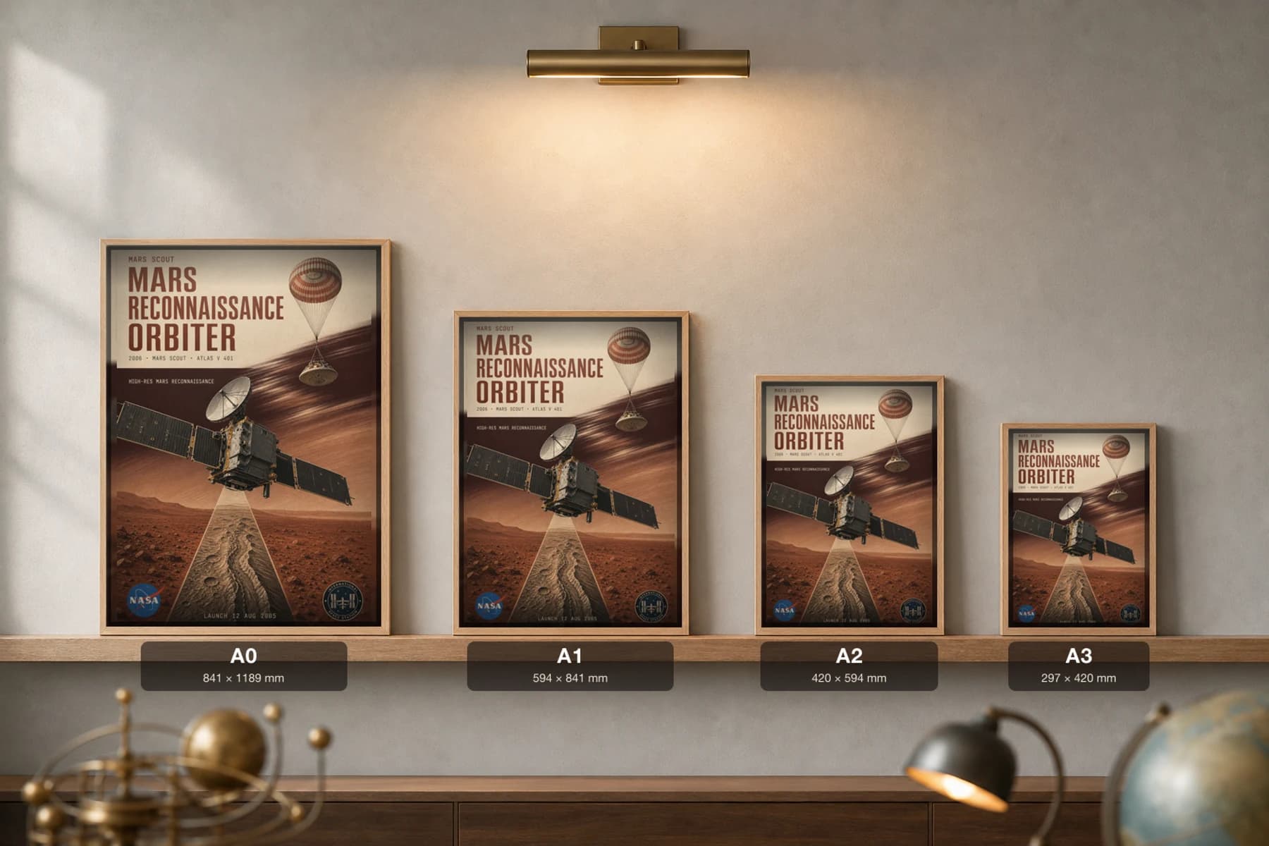 Mars Reconnaissance Orbiter Poster — 2006 HiRISE NASA Heritage Collector Print — print size guide showing the artwork at A0, A1, A2 and A3 in natural-oak frames at true relative scale