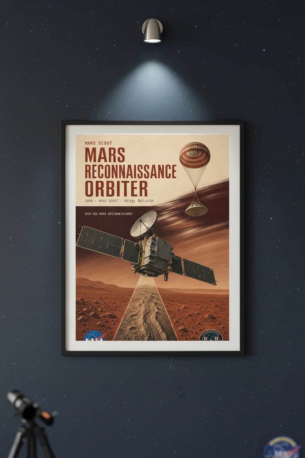 Mars Reconnaissance Orbiter — NASA Heritage Collector poster in black A2 frame on rust-red-martian-plain deep space navy wall — NASA Heritage collector study mockup