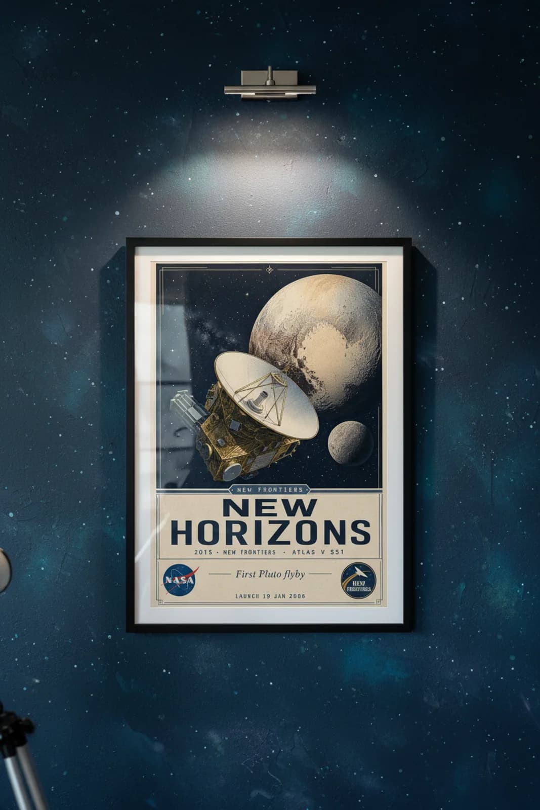 New Horizons — NASA Heritage Collector poster in black A2 frame on deep-navy-milky-way deep space navy wall — NASA Heritage collector study mockup