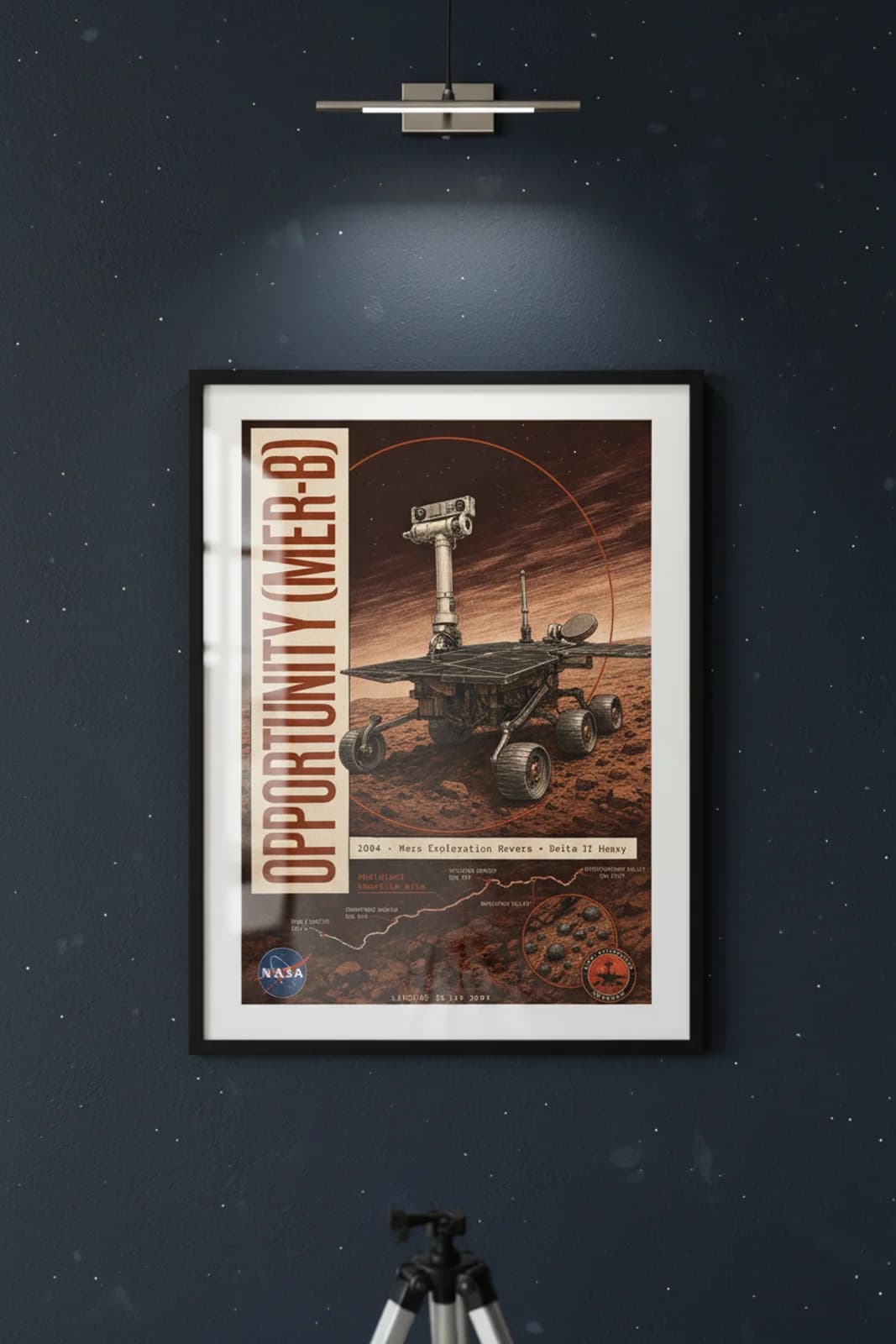 Opportunity (MER-B) poster in black A2 frame on hematite-blueberry-dark deep space navy wall — NASA Heritage collector study mockup