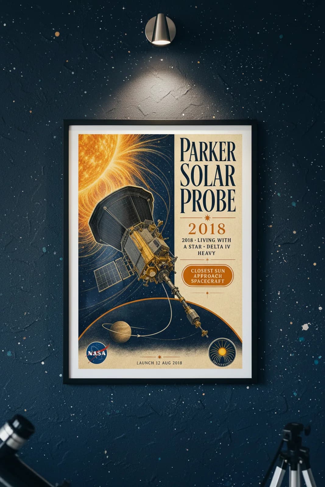 Parker Solar Probe poster in black A2 frame on orange-sun-corona deep space navy wall — NASA Heritage collector study mockup