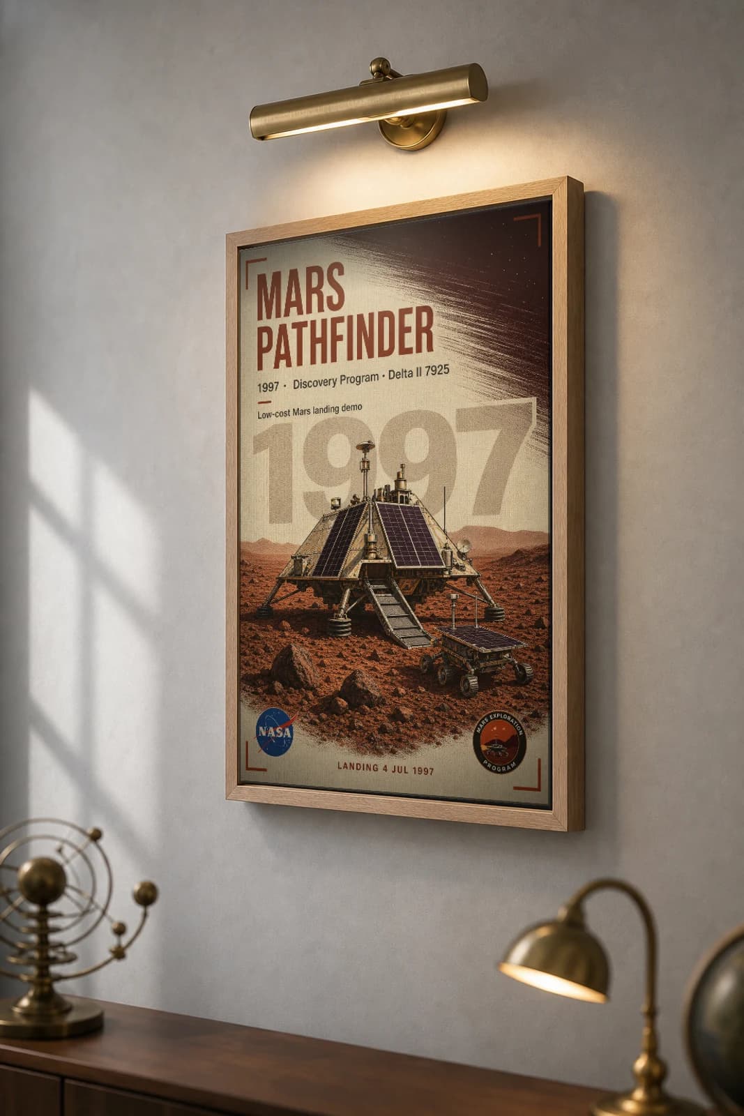 Mars Pathfinder Poster — 1997 Delta II 7925 NASA Heritage Collector Print — the framed print shown at a three-quarter angle on a styled gallery wall in a natural-oak frame