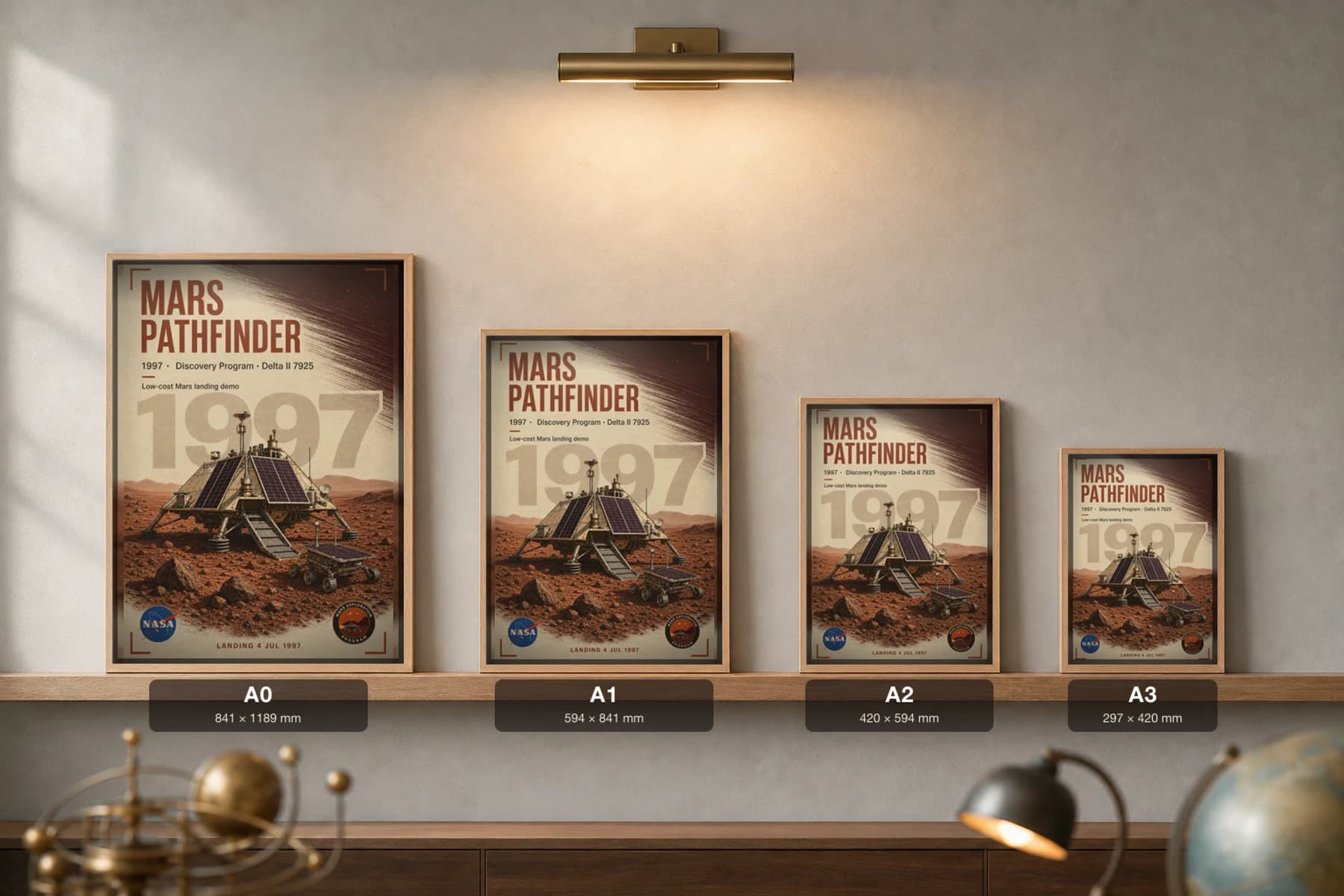 Mars Pathfinder Poster — 1997 Delta II 7925 NASA Heritage Collector Print — print size guide showing the artwork at A0, A1, A2 and A3 in natural-oak frames at true relative scale