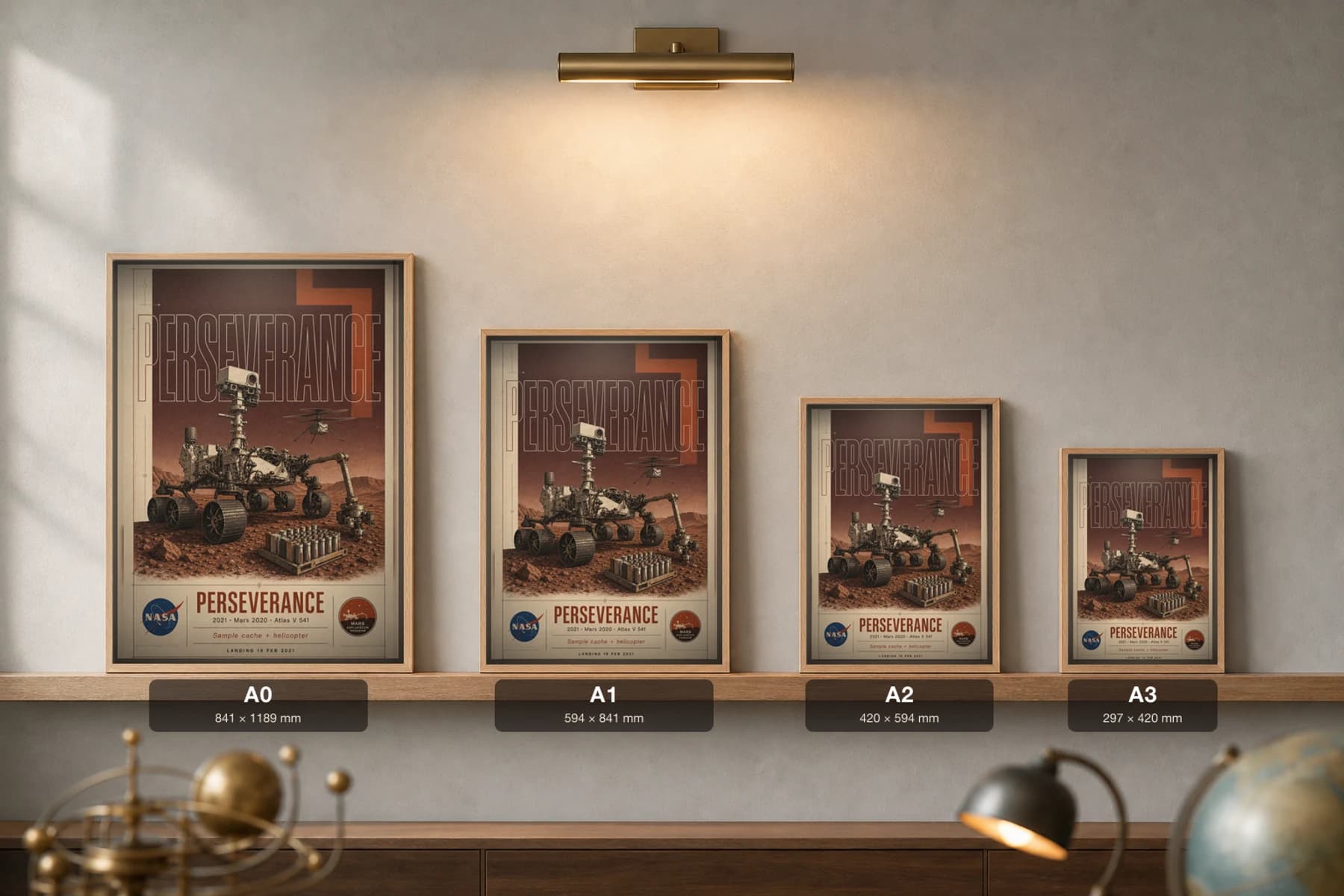 Perseverance Poster — 2021 Mars 2020 NASA Heritage Collector Print — print size guide showing the artwork at A0, A1, A2 and A3 in natural-oak frames at true relative scale
