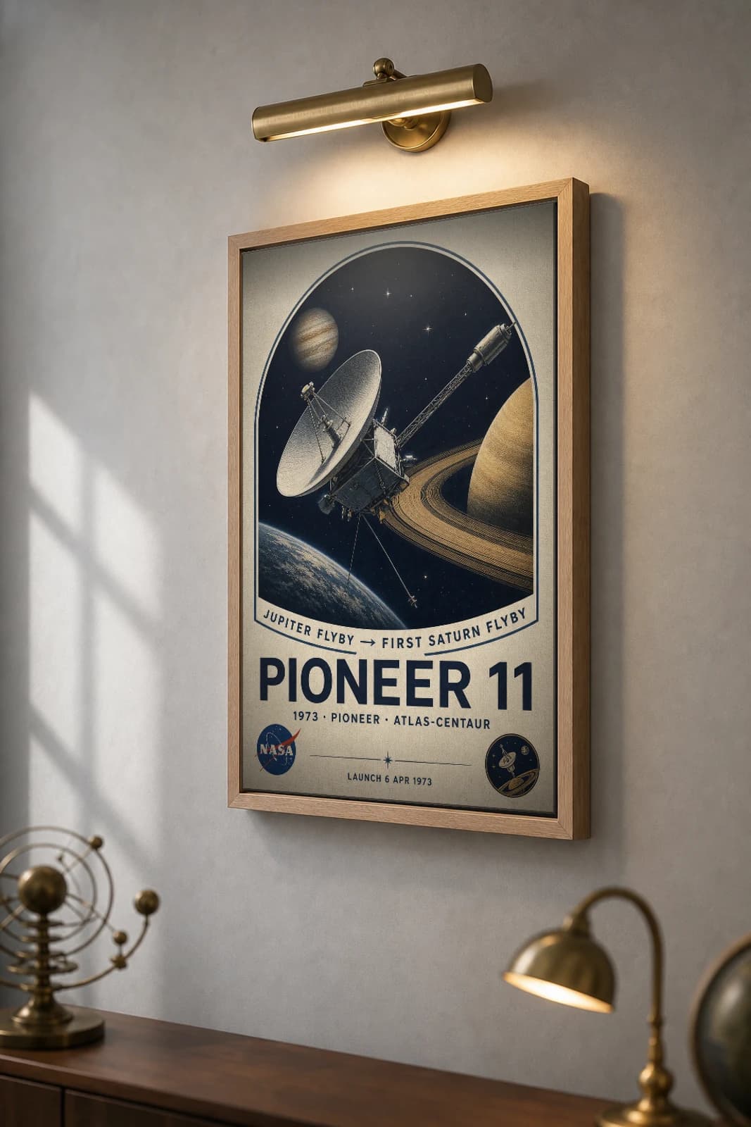 Pioneer 11 Poster — 1973 First Saturn Flyby NASA Heritage Collector Print — the framed print shown at a three-quarter angle on a styled gallery wall in a natural-oak frame