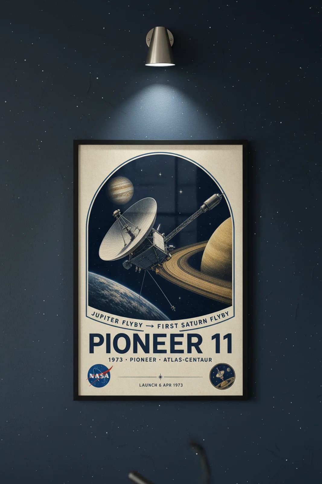 Pioneer 11 poster in black A2 frame on navy-arch-border deep space navy wall — NASA Heritage collector study mockup