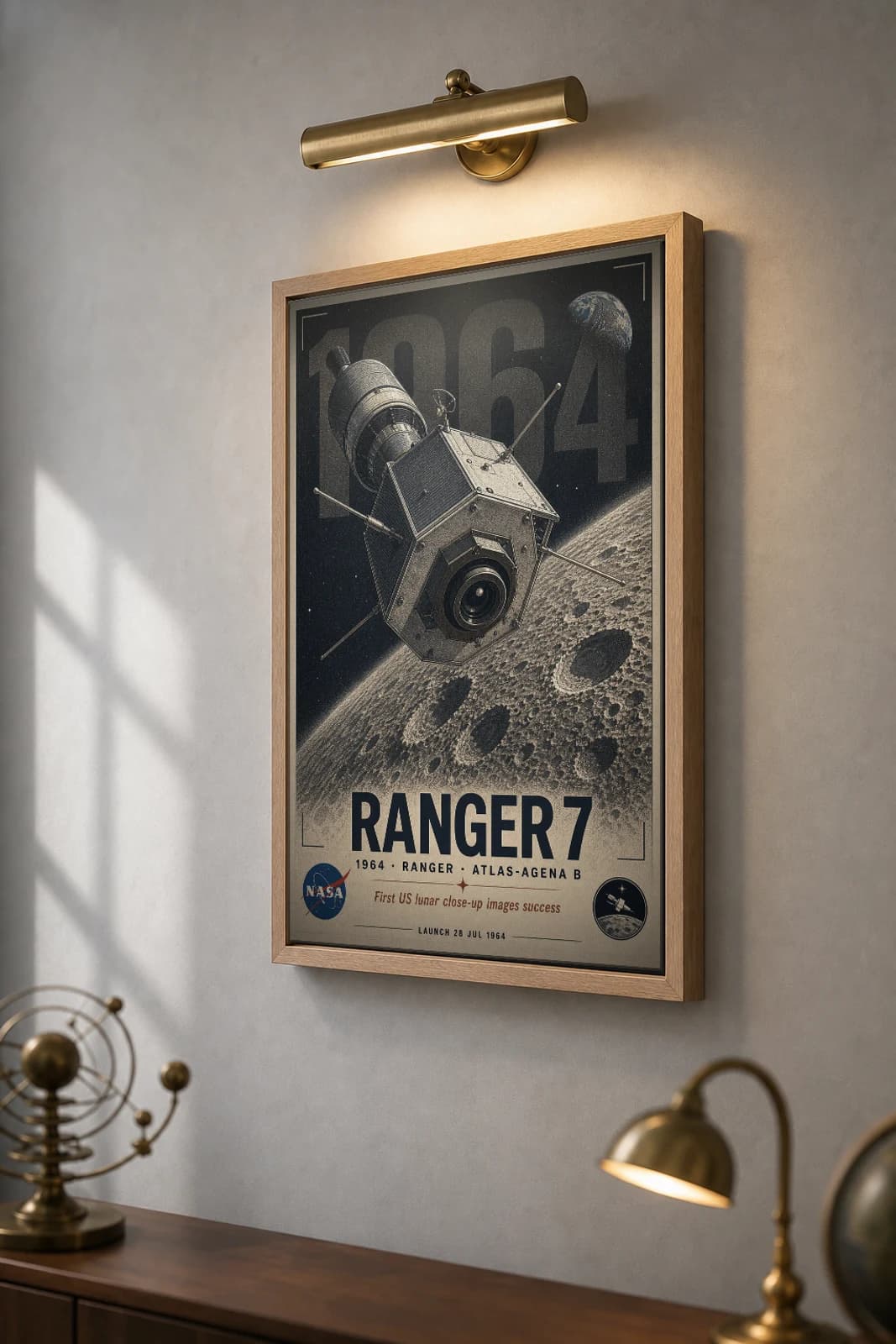 Ranger 7 Poster — 1964 Mare Nubium Lunar Impact NASA Heritage Collector Print — the framed print shown at a three-quarter angle on a styled gallery wall in a natural-oak frame