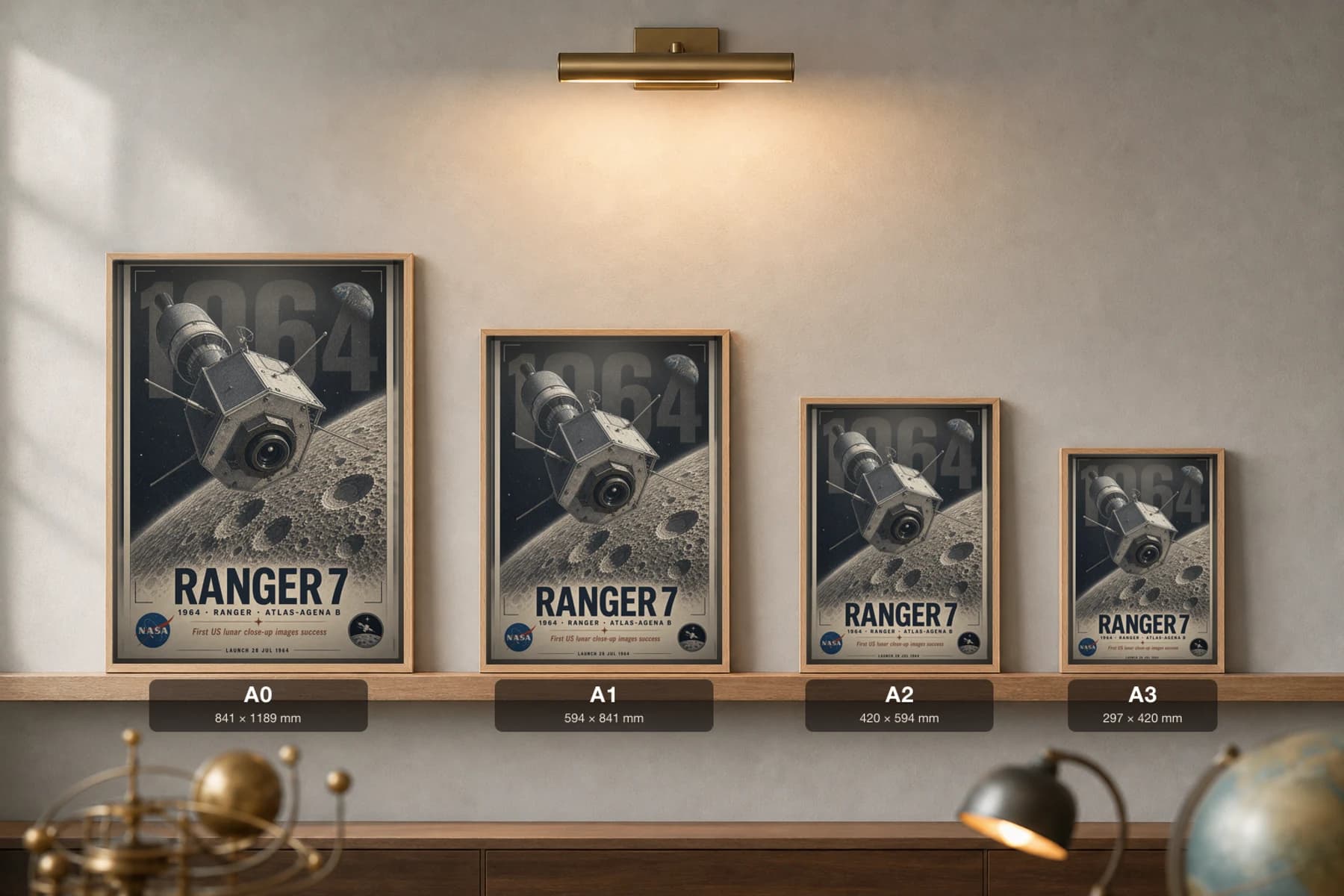 Ranger 7 Poster — 1964 Mare Nubium Lunar Impact NASA Heritage Collector Print — print size guide showing the artwork at A0, A1, A2 and A3 in natural-oak frames at true relative scale