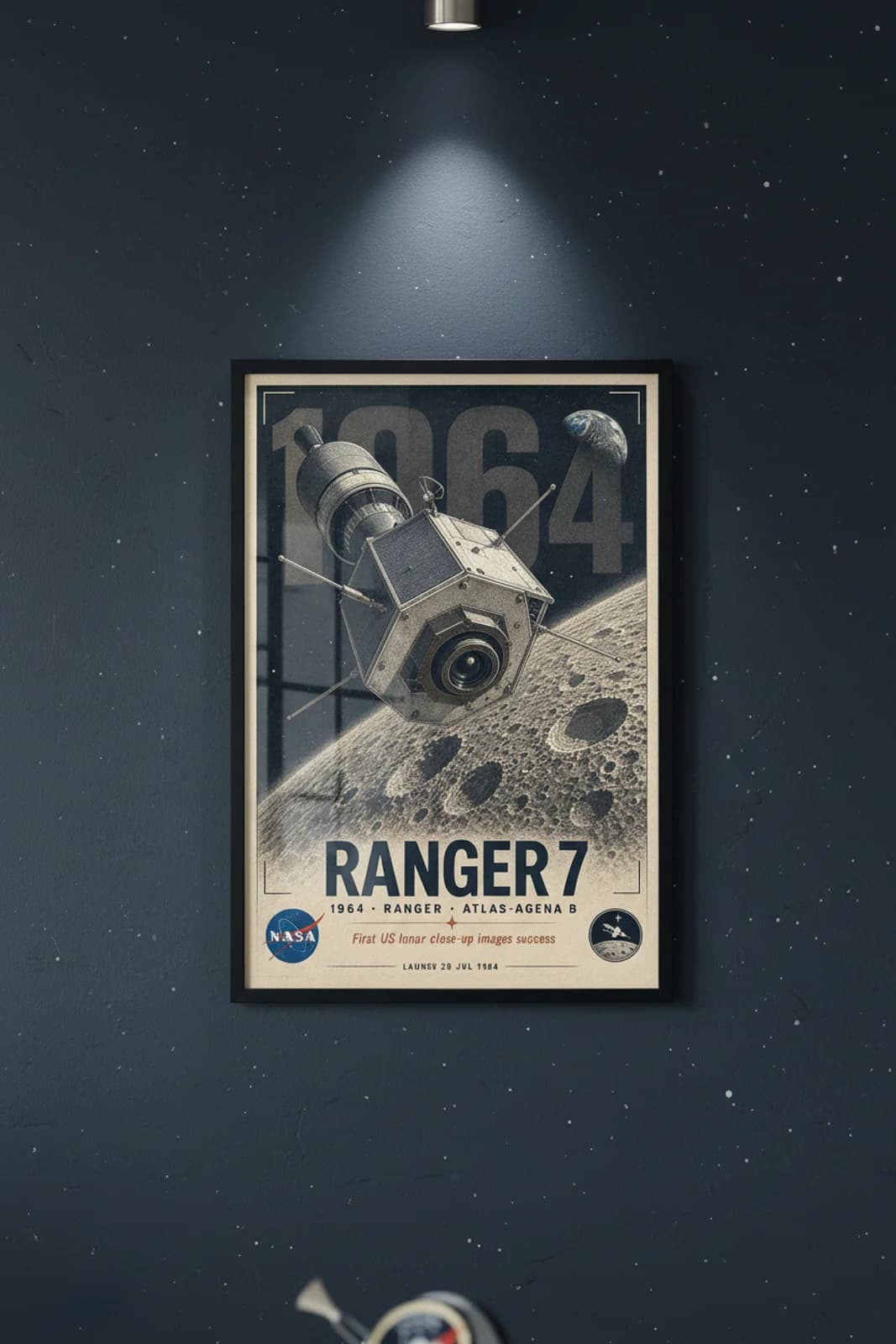 Ranger 7 poster in black A2 frame on film-grain-texture deep space navy wall — NASA Heritage collector study mockup