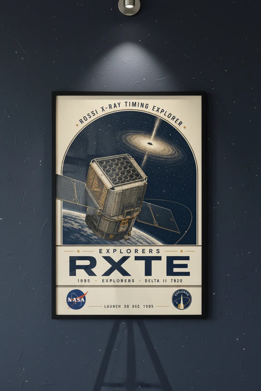 RXTE poster in black A2 frame on deep-navy-space deep space navy wall — NASA Heritage collector study mockup